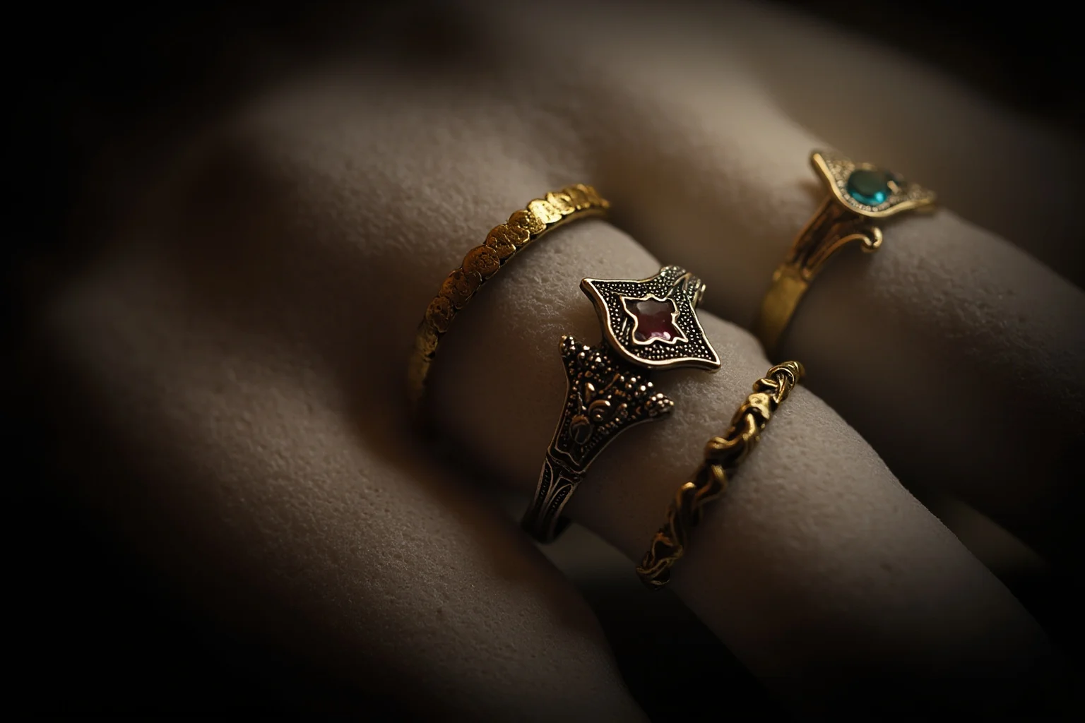 How an All-Female Gang Changed the Face of Crime in 19th Century London 11 Close-up illustration of ornate antique rings on a gloved hand, glinting under lamplight