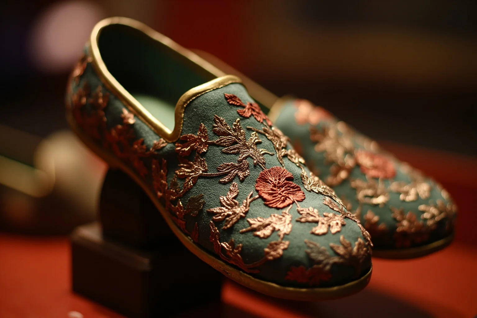 Close-up illustration of ornate embroidered silk shoes from imperial China displayed on a wooden stand, historical aesthetic
