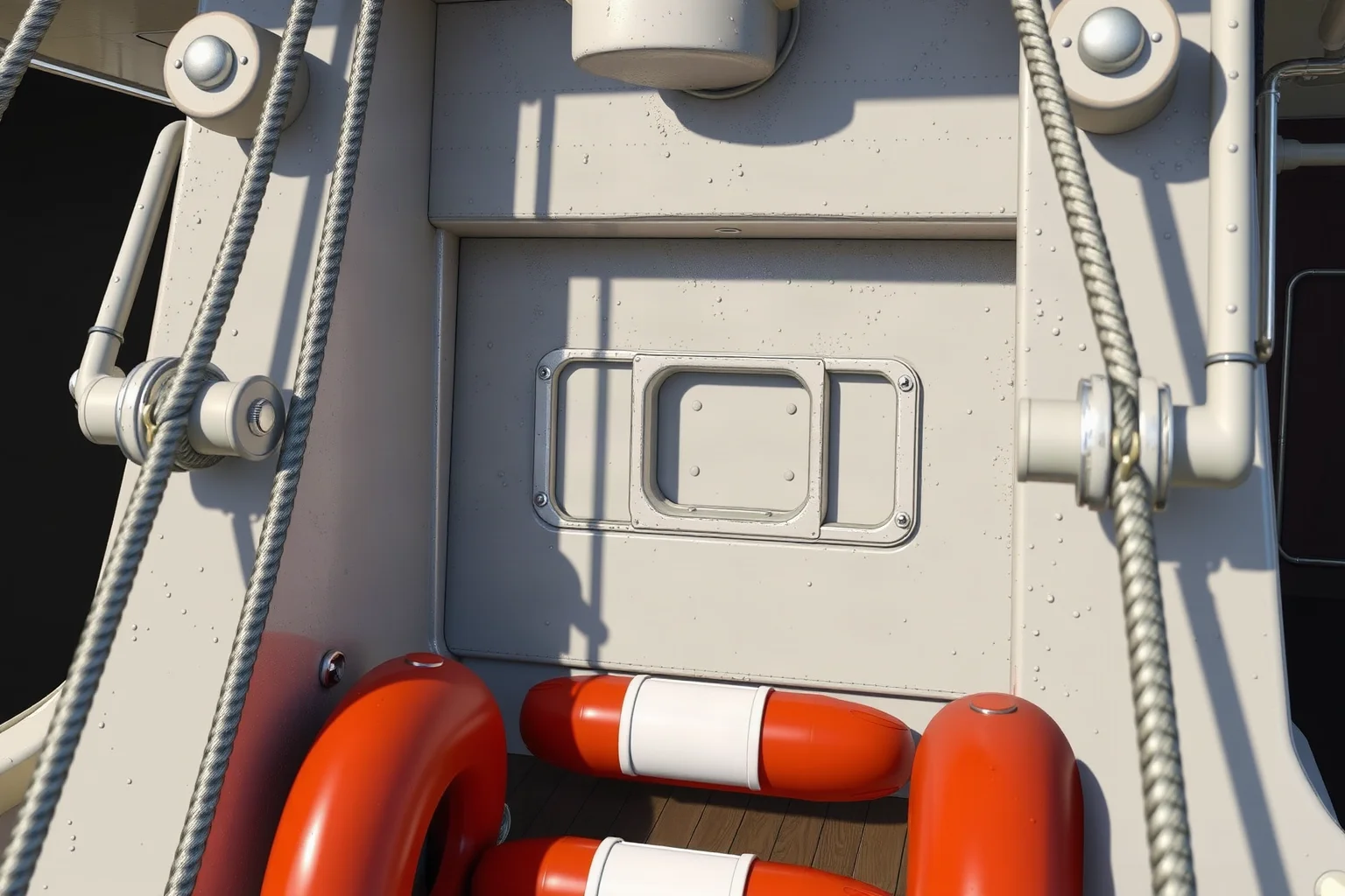 Close-up illustration of ship's davits with empty mounting space where additional lifeboats could have been installed