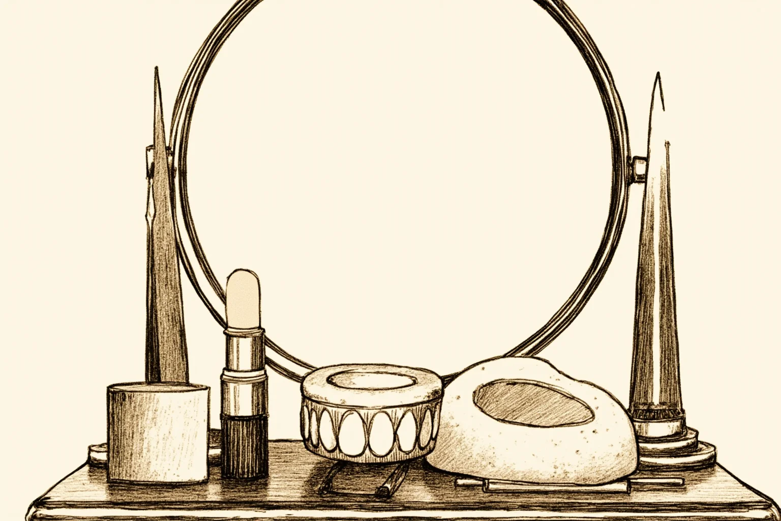 The Heartbreaking Life Story of Judy Garland: 26 Facts You Should Know 8 Close-up illustrative sketch of an old Hollywood makeup vanity with mirror, lipstick, and dental mold props