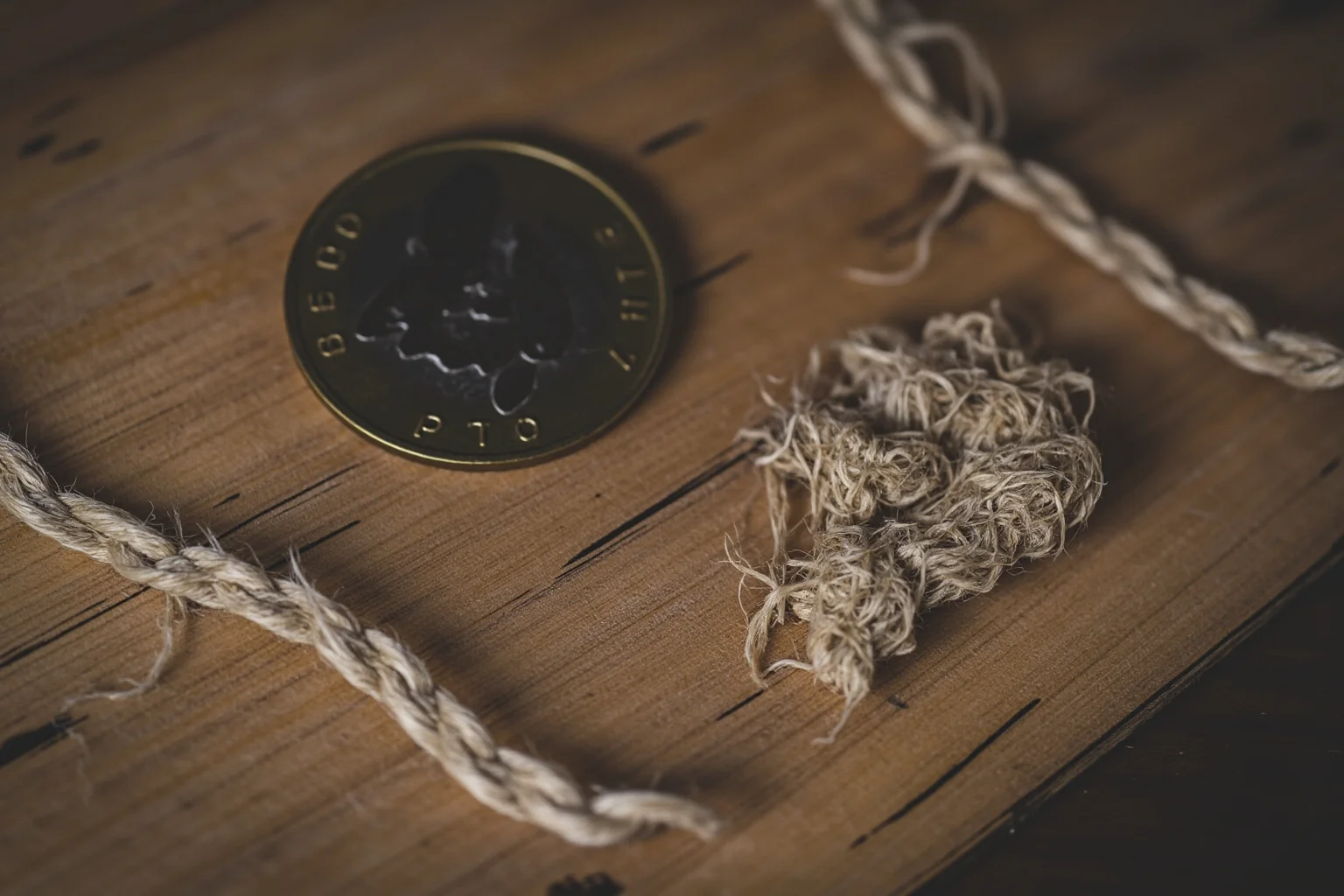 Public Executions Were Once The Most Attended Events In Town — Here's What That Says About Us 15 Close-up of a frayed rope fragment and old coin on weathered wood, symbolic still life