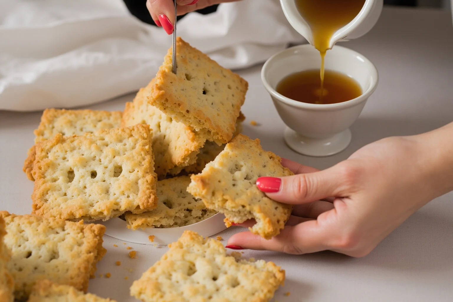 The Evolution of World War 1 Rations: 24 Facts About Food, Trenches, and Rationing 5 Close-up of a hard, crumbly army biscuit being broken apart, with tea being poured nearby to soften it