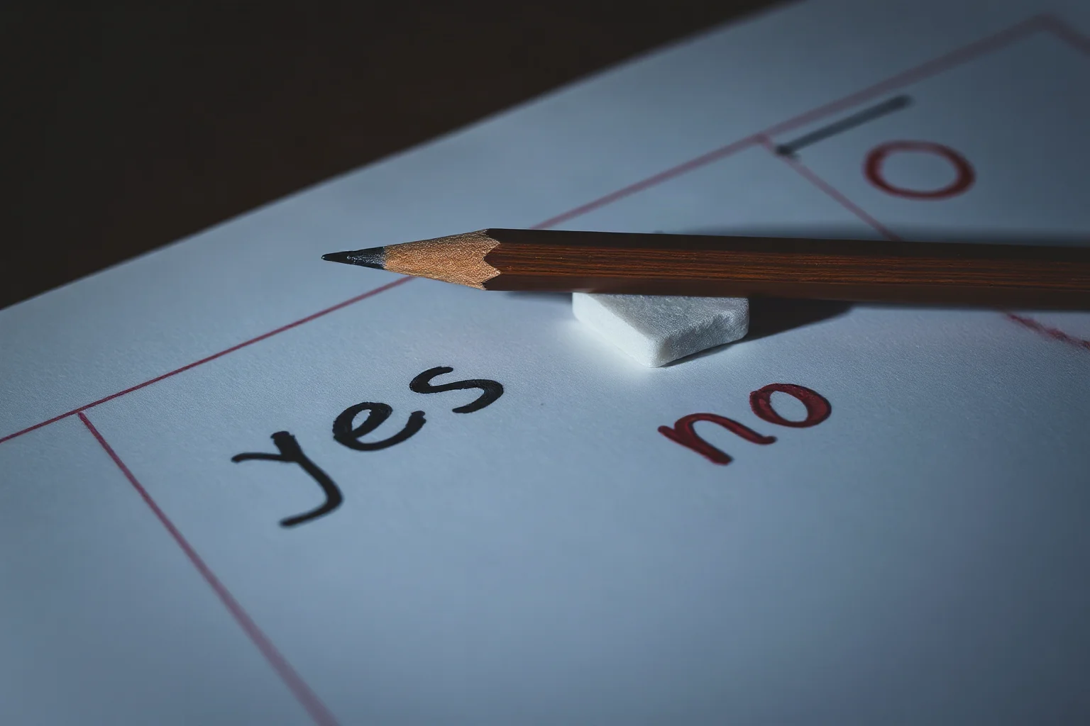 Close-up of a pencil balanced on a handwritten grid paper with 'yes' and 'no' words, dim eerie lighting