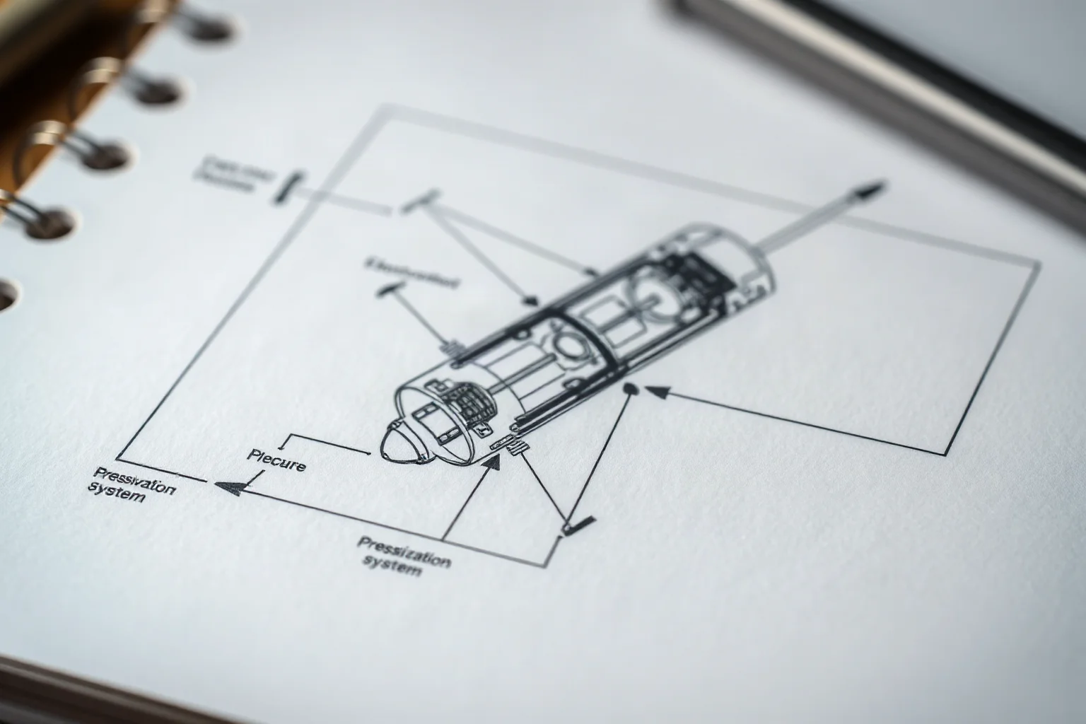 Close-up of a technical diagram sketch of an aircraft pressurization system on paper