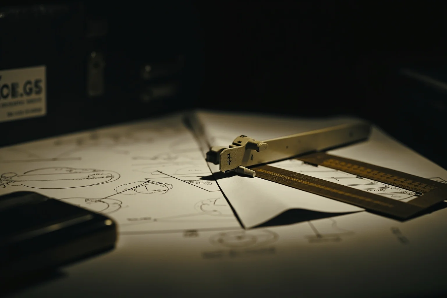 Close-up of a vintage physicist's desk with blueprints, a slide rule, and a locked briefcase, dim laboratory lighting, 1940s style