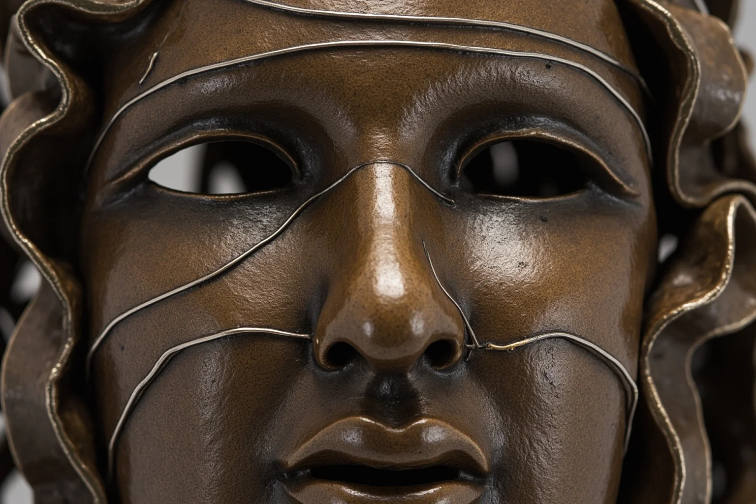 Close-up of an abstract elongated bronze face partially obscured by twisted metal folds