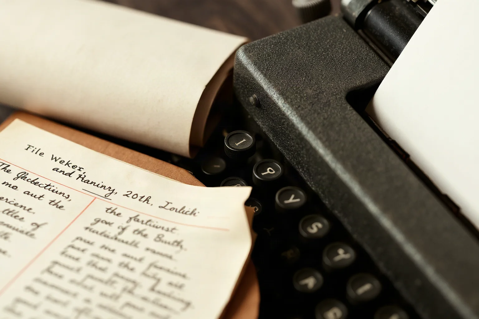 Close-up of an old typewriter and handwritten pages with quill and ink, historical illustration, no readable text