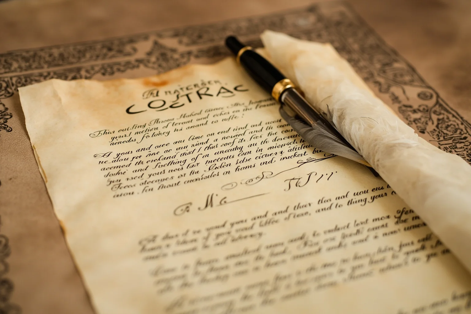 Close-up of an ornate wax-sealed handwritten contract on aged parchment paper with a quill pen beside it