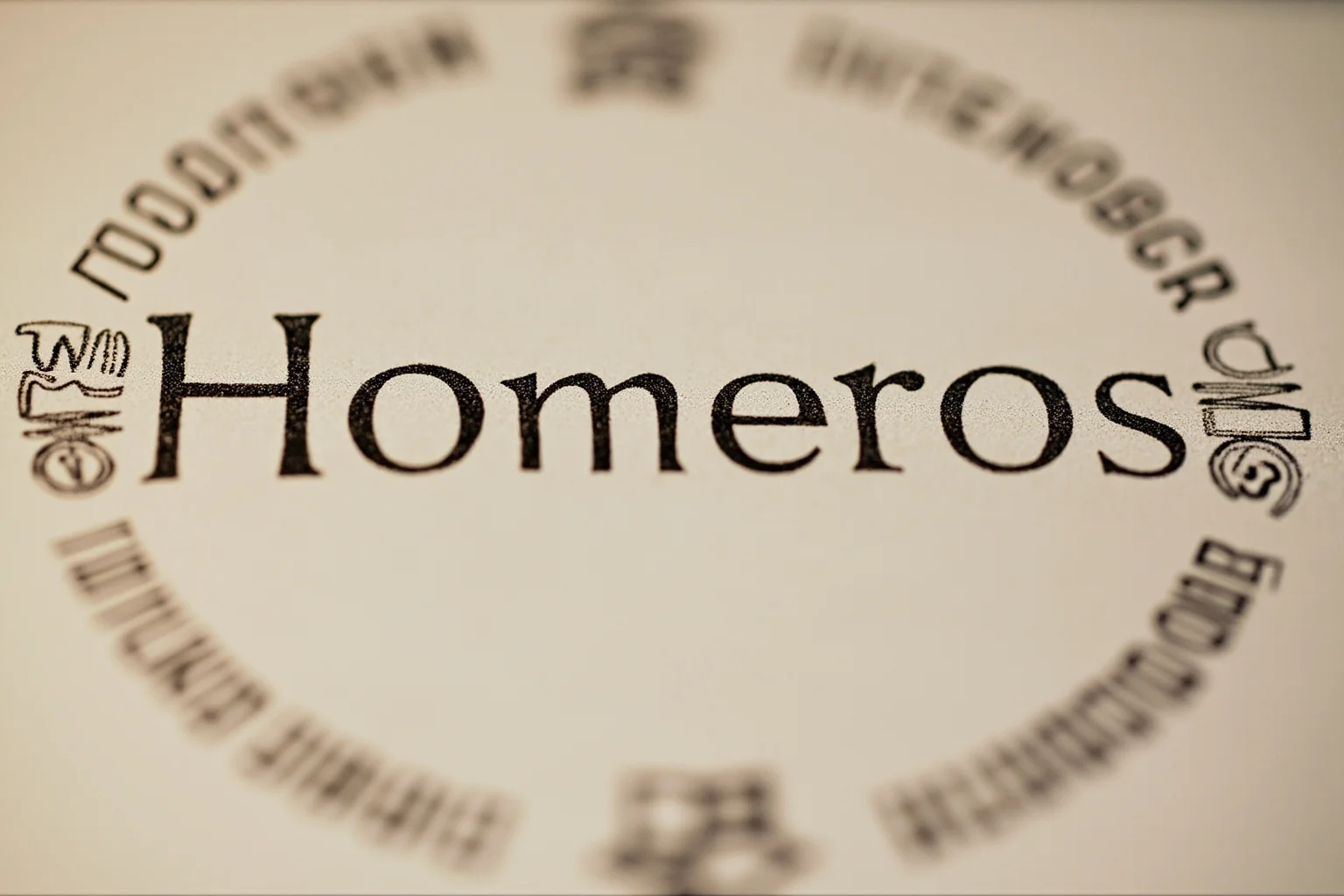 Close-up of ancient Greek text with the word 'Homeros' inscribed, surrounded by etymology symbols