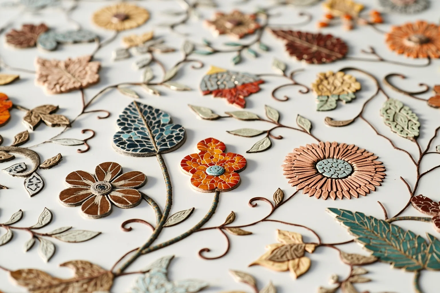 Close-up of intricate colorful stone-inlaid floral patterns on white marble, pietra dura style artwork