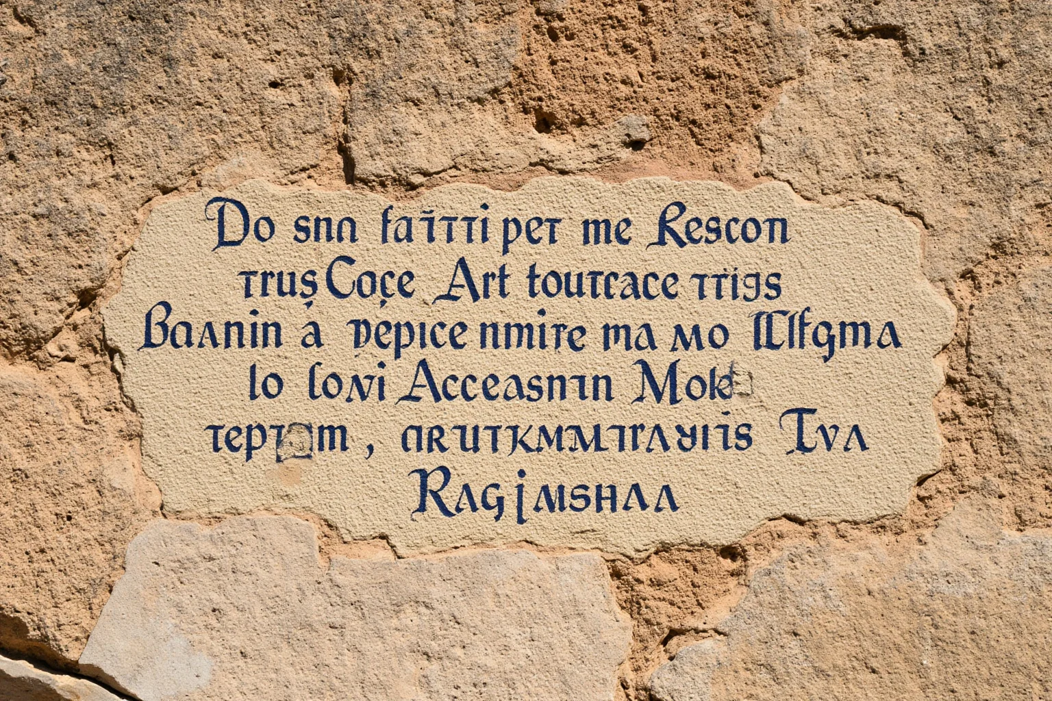 Close-up of Latin-style painted lettering on an ancient stone wall resembling a political campaign notice