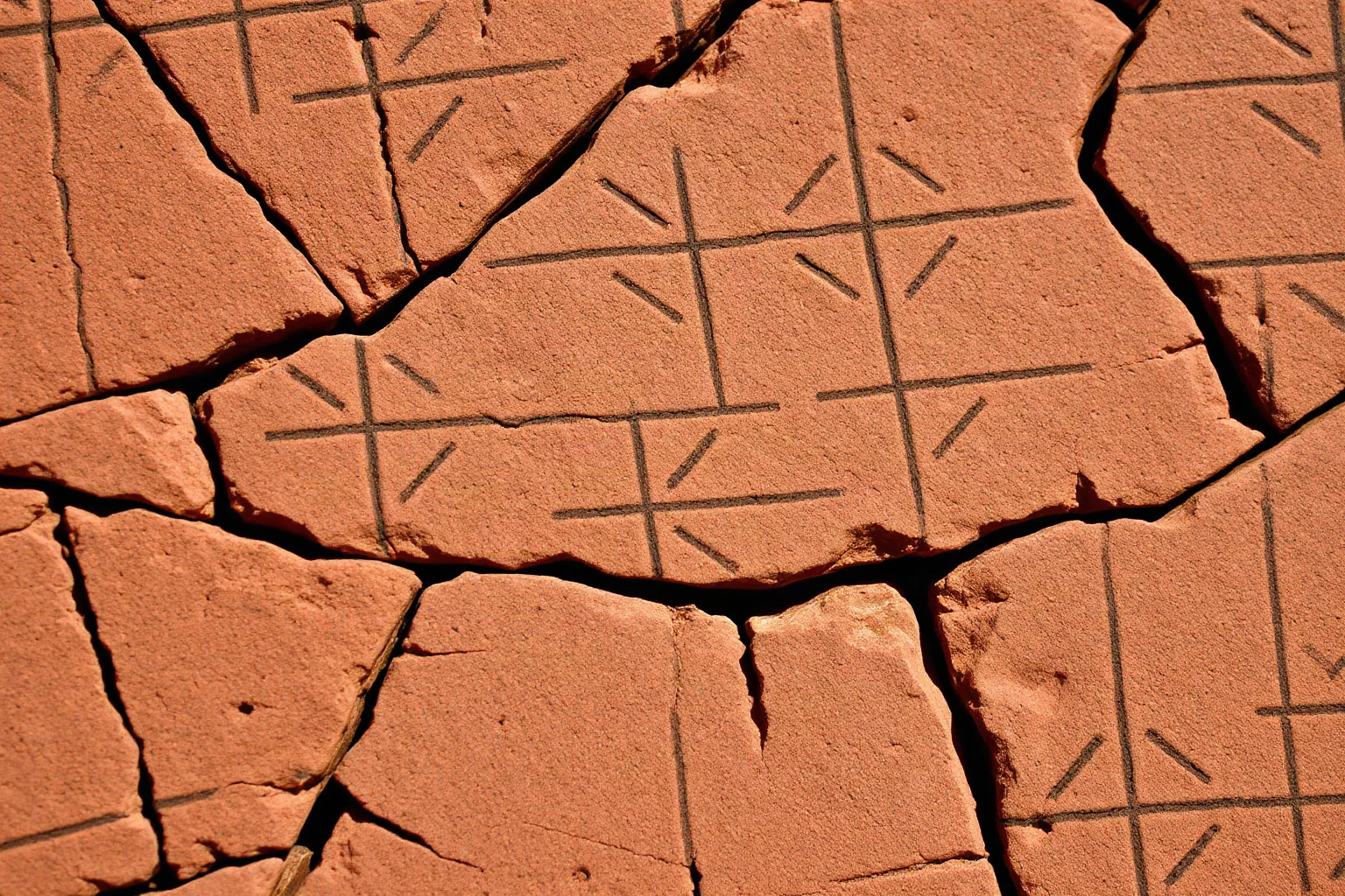 Close-up of ochre stone fragments engraved with cross-hatched geometric patterns