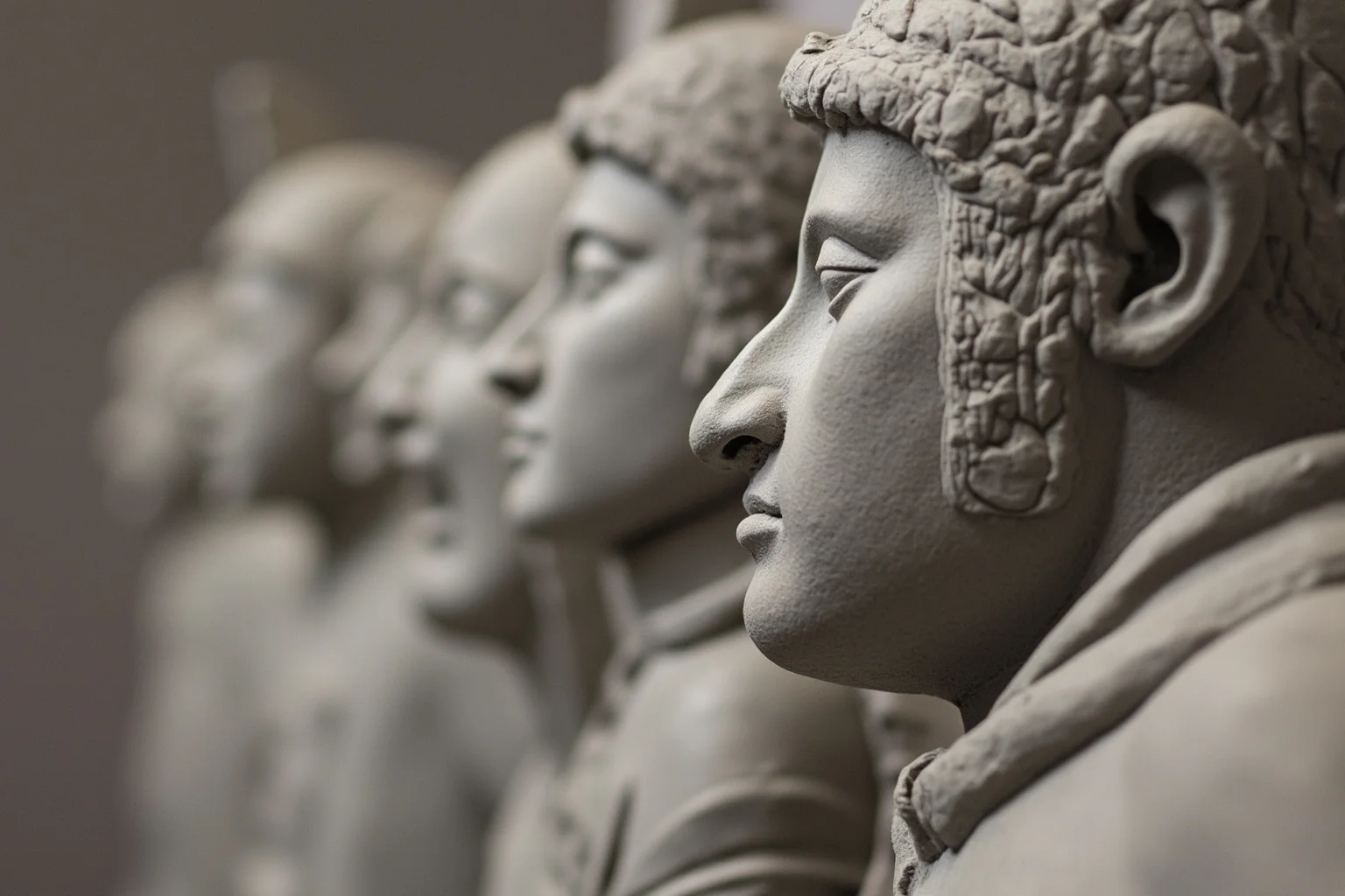 Close-up of textured gray clay material used to represent ancient soldier statues
