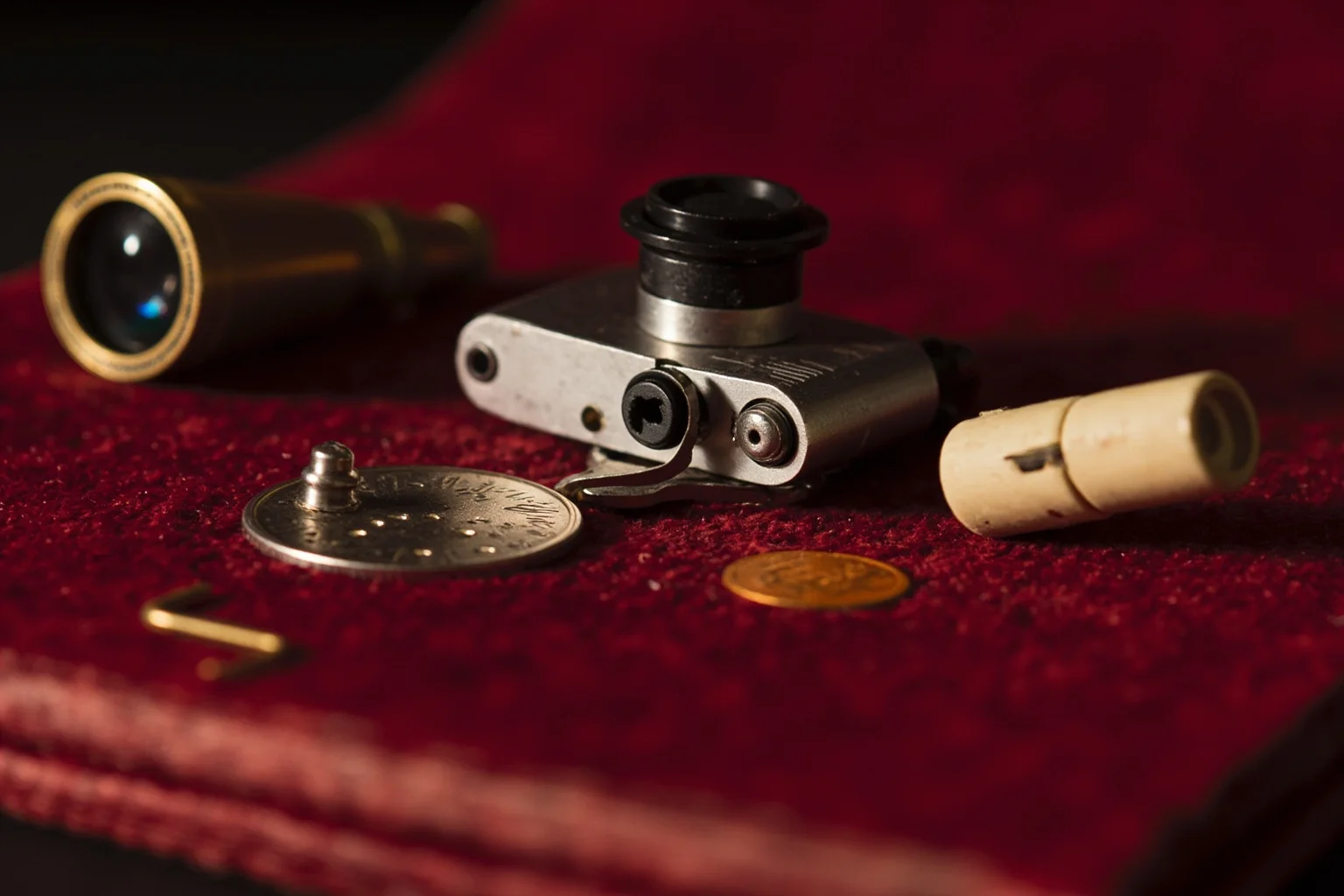 Close-up of vintage spy gadgets on a velvet cloth: a microdot viewer, hollow coin, and miniature camera