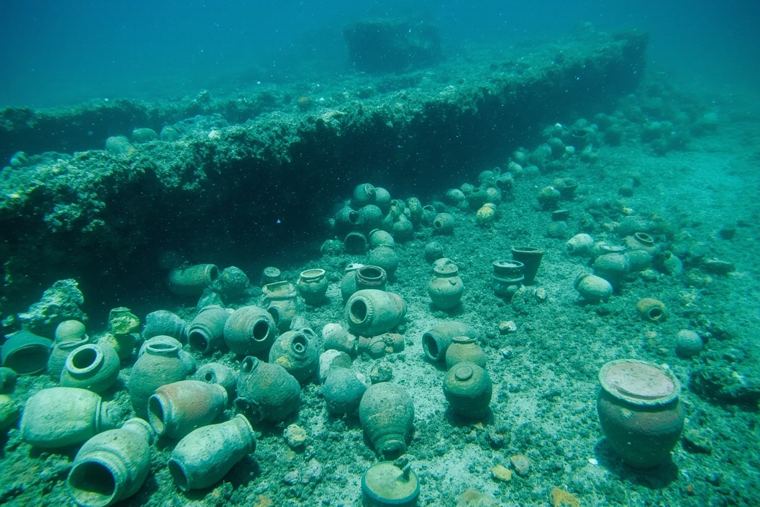 22 Coolest Underwater Discoveries Made Throughout History 23 Cluster of ancient amphorae and broken pottery scattered around a Roman-era shipwreck on the seabed