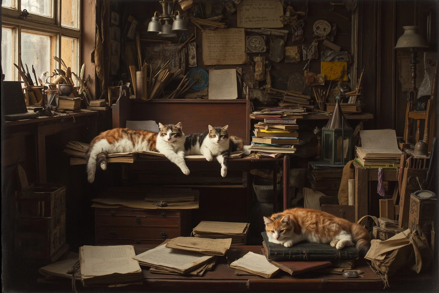 Cluttered 19th-century writer's study with quill pens, manuscripts, and several cats lounging on furniture