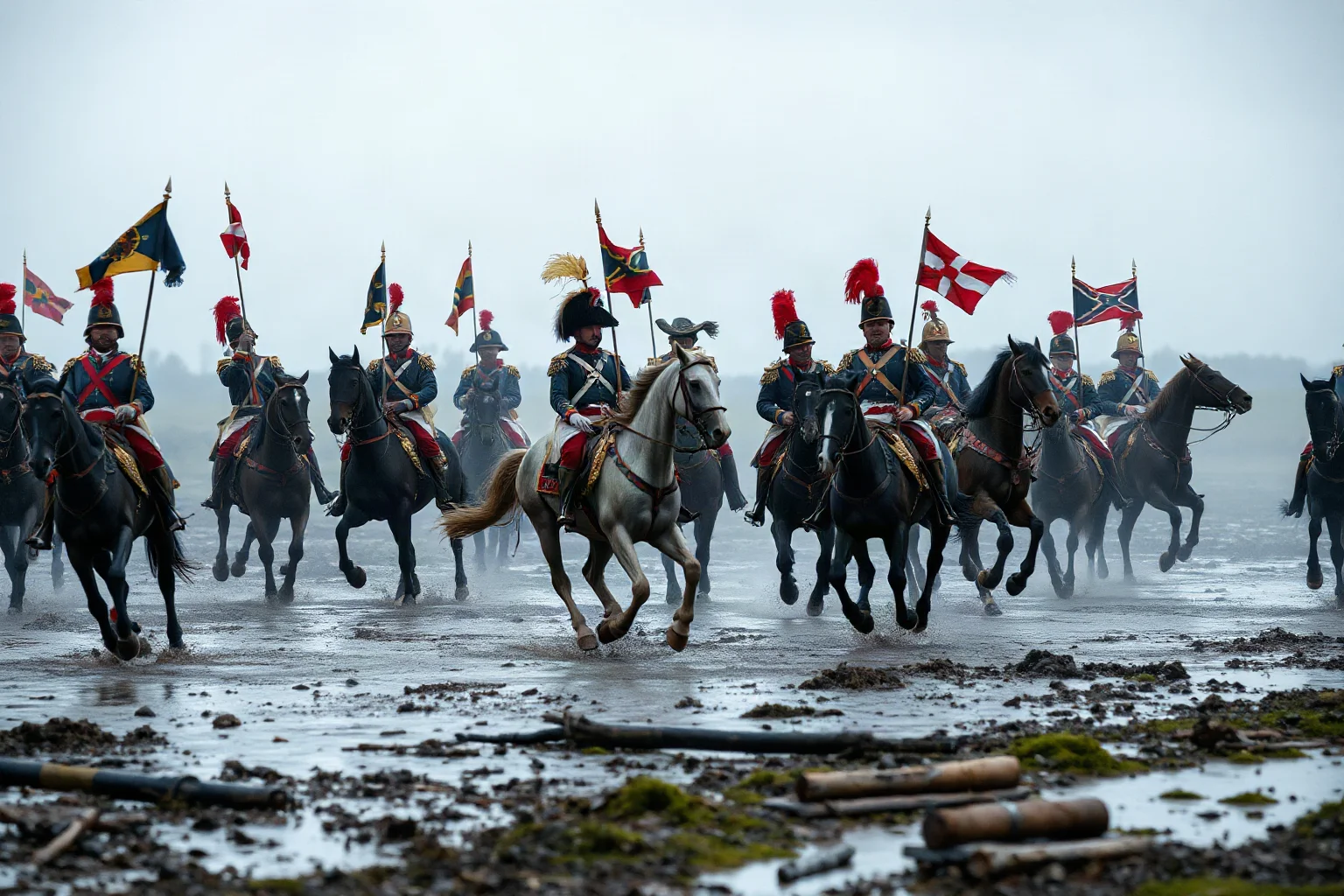 Coalition cavalry and infantry charging across muddy European battlefield, Napoleonic era uniforms, cannons and horses in motion
