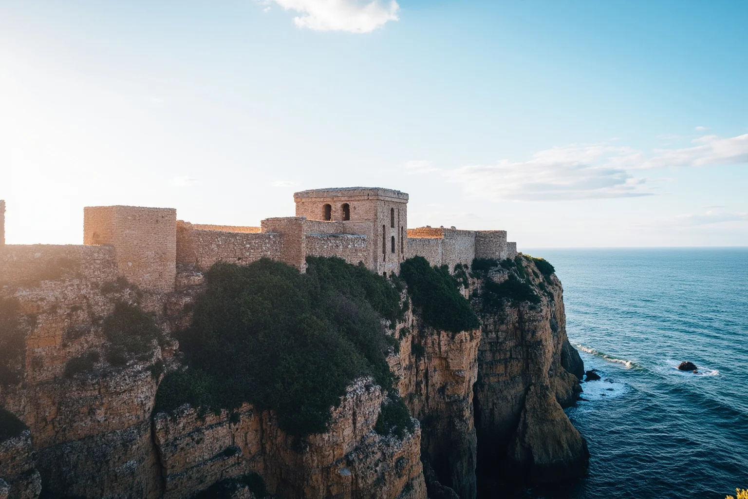 Coastal cliffs and an old stone castle overlooking the Atlantic in Portugal
