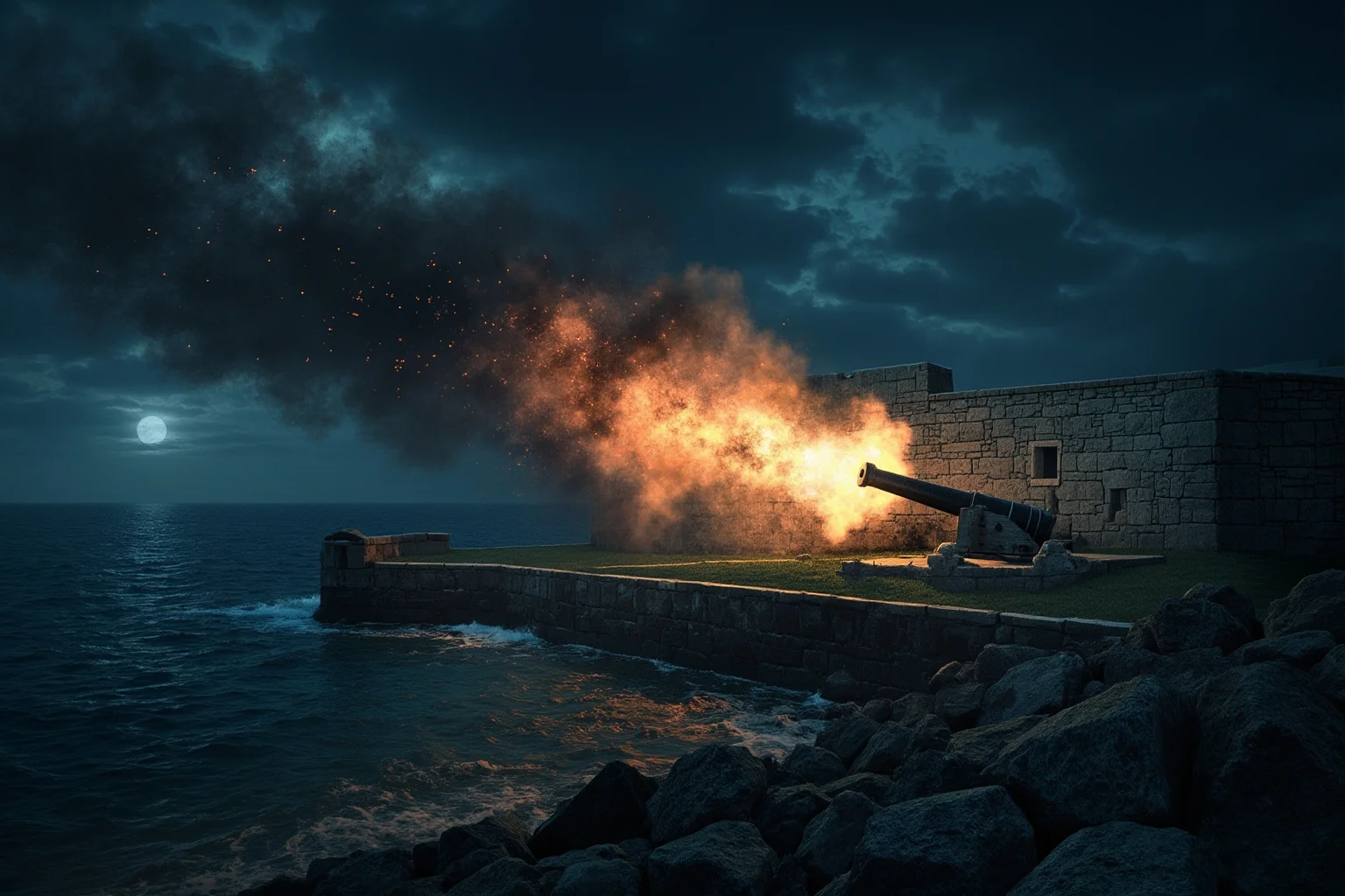 Battles That Defined American History 9 Coastal fort under cannon bombardment at night across a harbor, historical illustration style