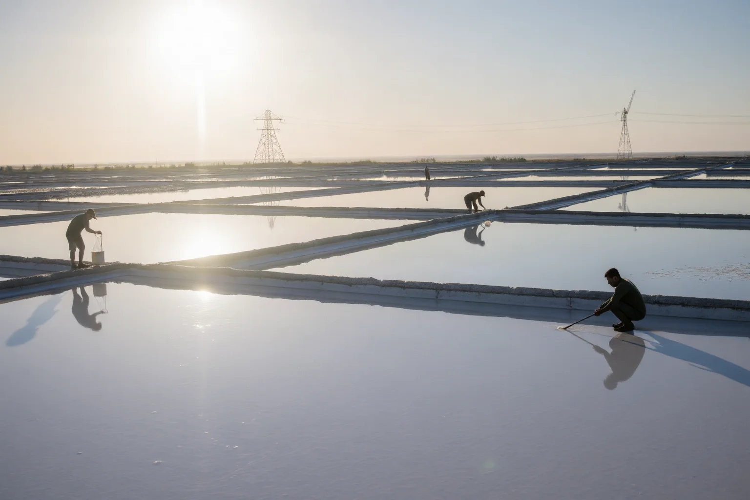 Coastal salt evaporation ponds with workers gathering white salt under bright sun