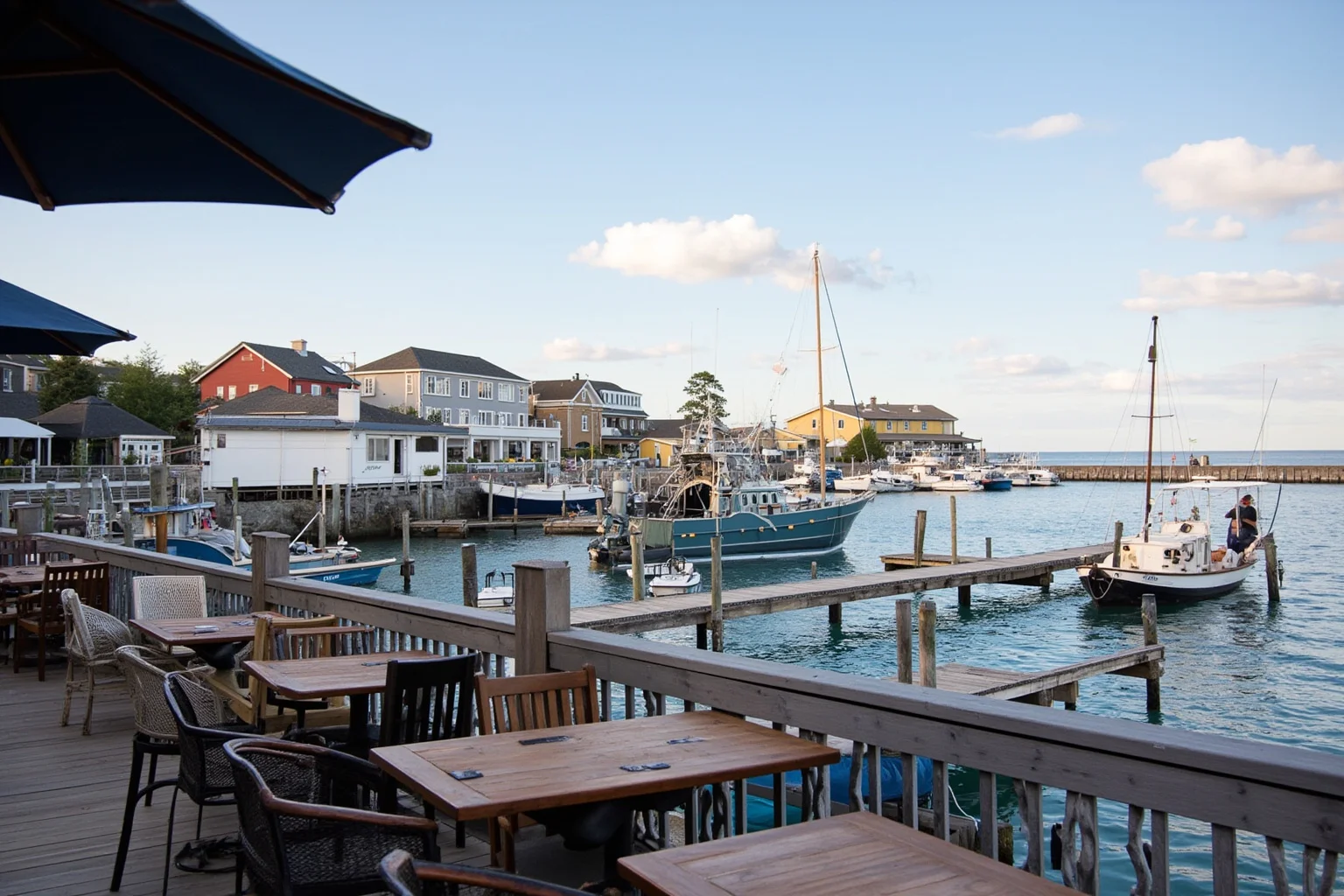 Coastal seafood restaurant on a bay with wooden piers, fishing boats, and outdoor dining tables