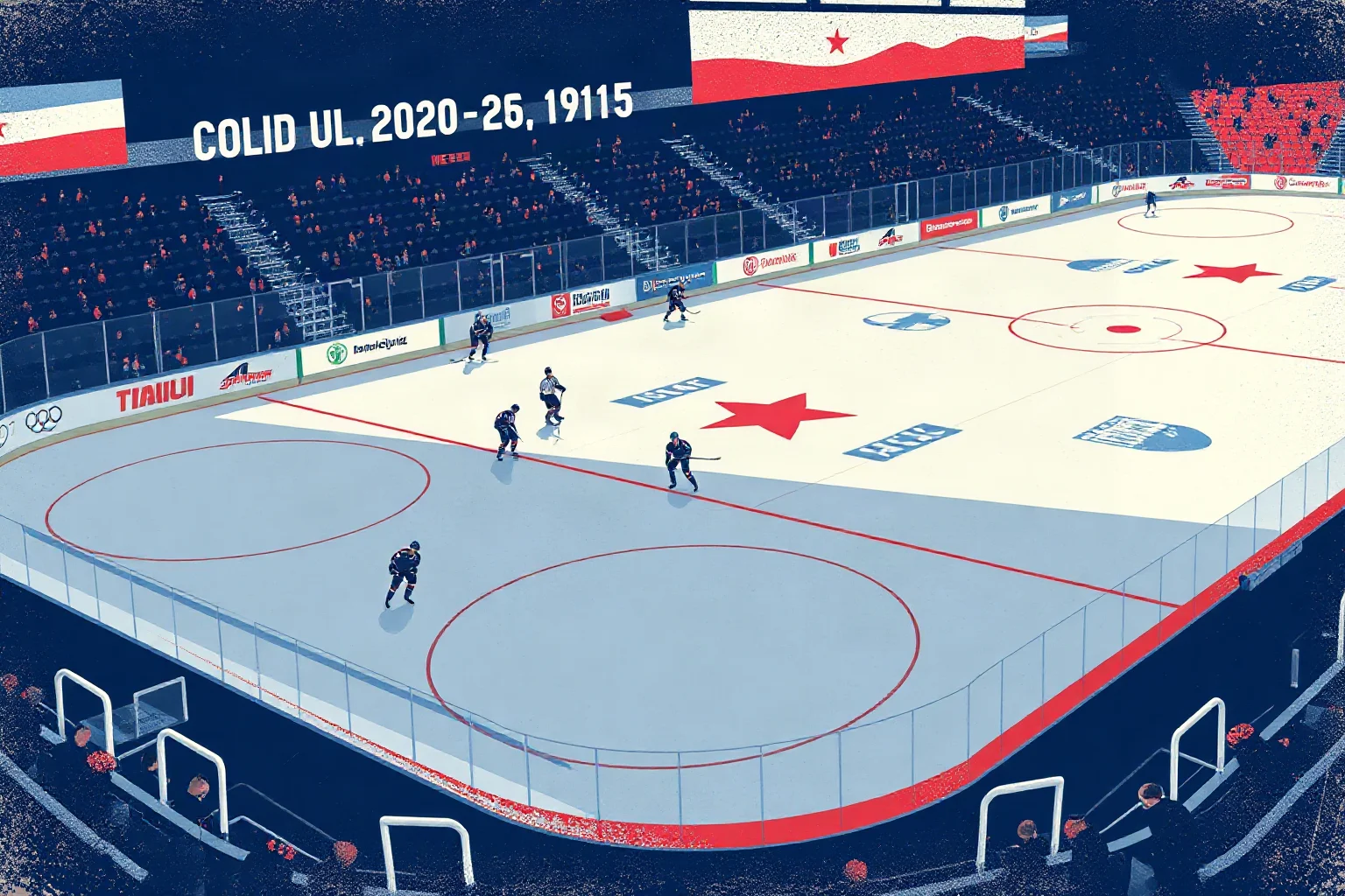 Cold War era Olympic ice hockey rink with two contrasting team colors, illustrative retro poster style