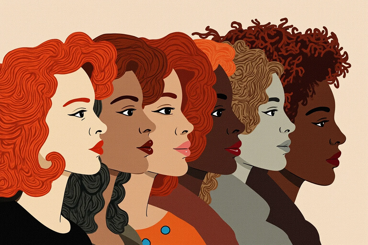 Collage-style illustration of confident diverse red-haired silhouettes representing empowerment through history