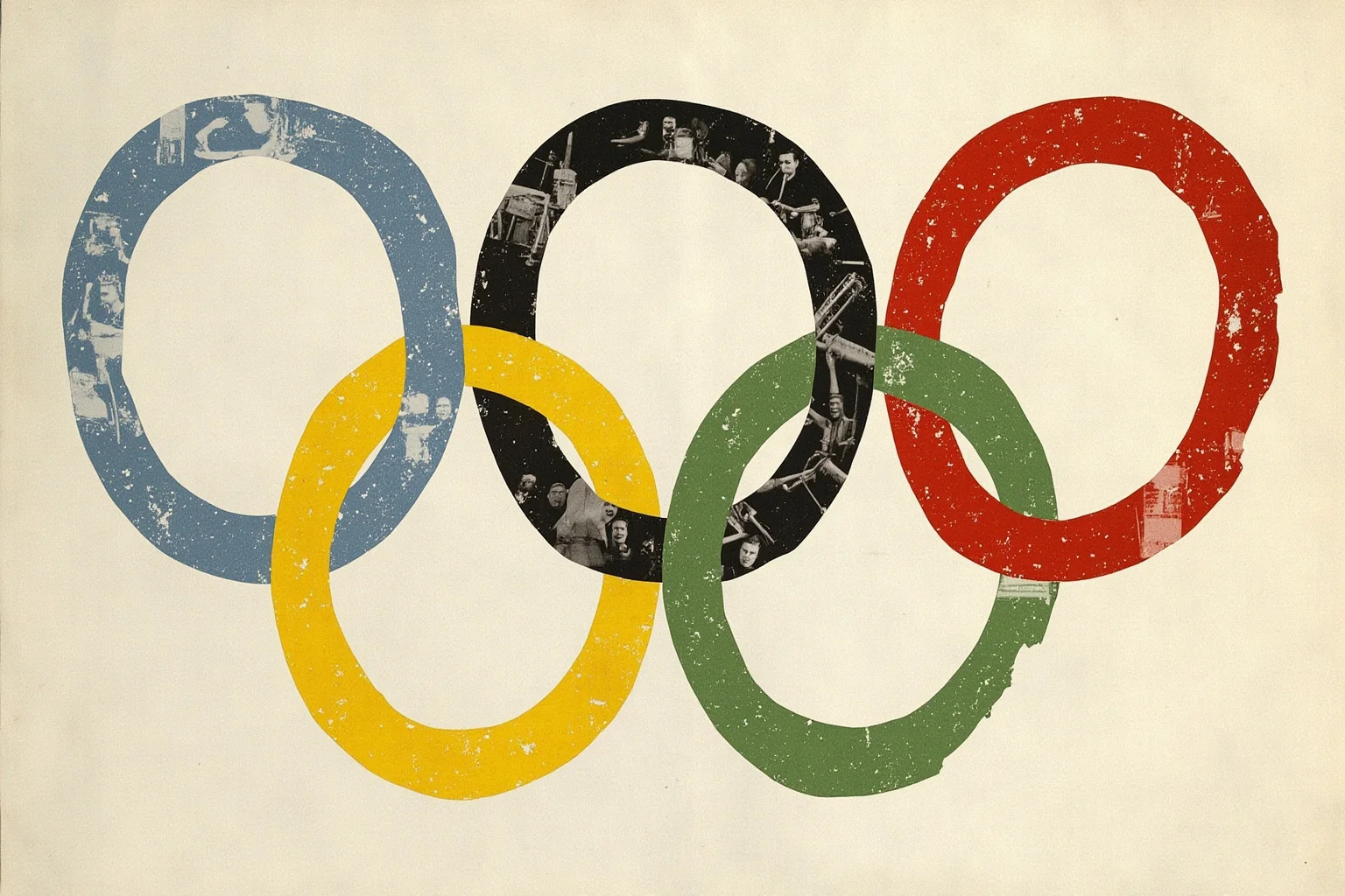 Tug of War Was Once an Olympic Sport—Here's Why It Got Removed 11 Collage-style illustration of five faded Olympic rings representing five historic Games