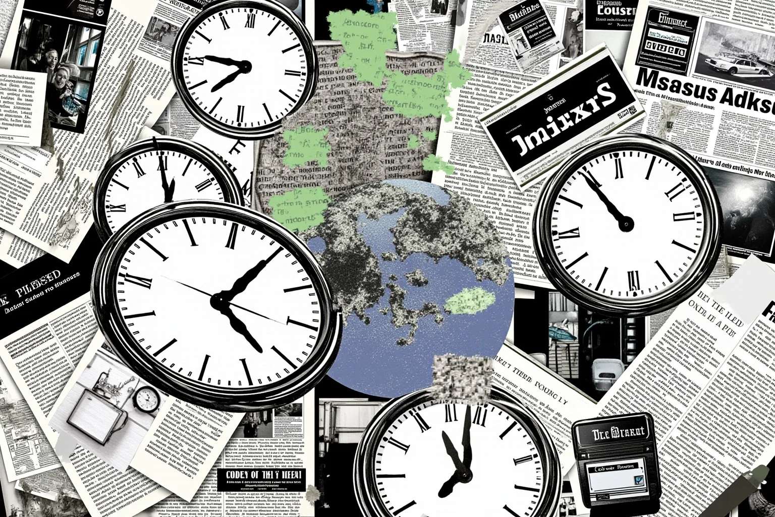 Collage-style illustration of overlapping clocks, newspapers, and screens symbolizing information overload