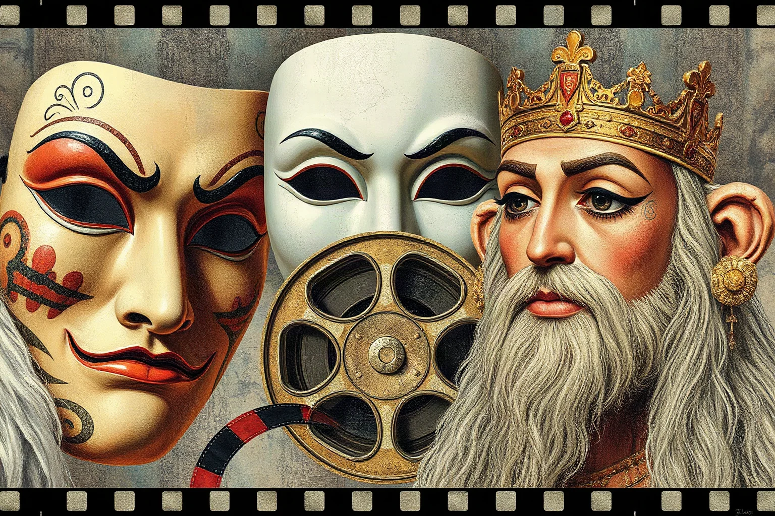 Collage-style illustration of theater masks, film reel, and ancient royal imagery representing artistic legacy