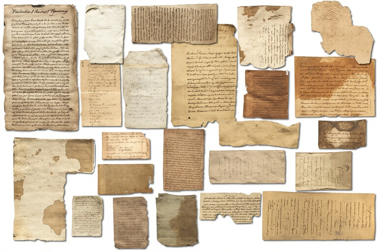 Collection of ancient papyri and manuscripts labeled 'Homeric Hymns' in a scattered arrangement