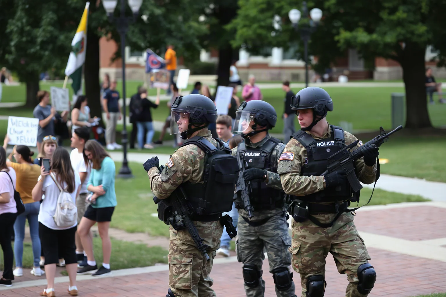 College students gathered on a university quad with protest signs, while National Guard troops in riot gear stand nearby with rifles