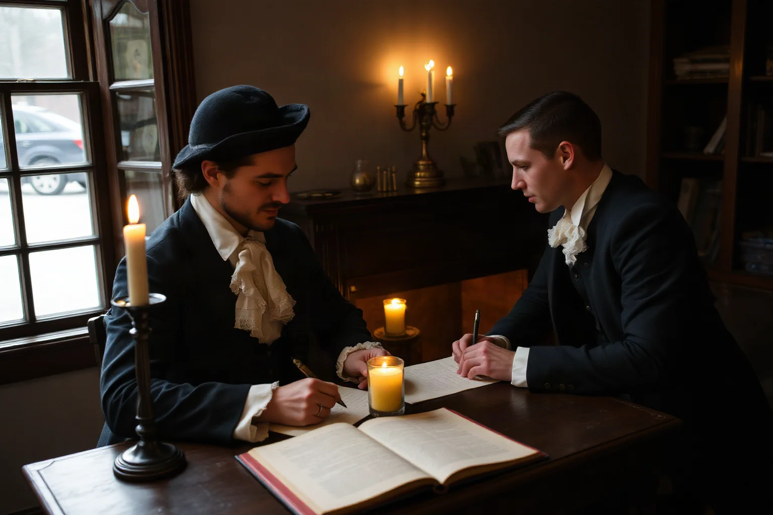 Colonial American couple in 18th-century dress writing letters at a wooden desk by candlelight