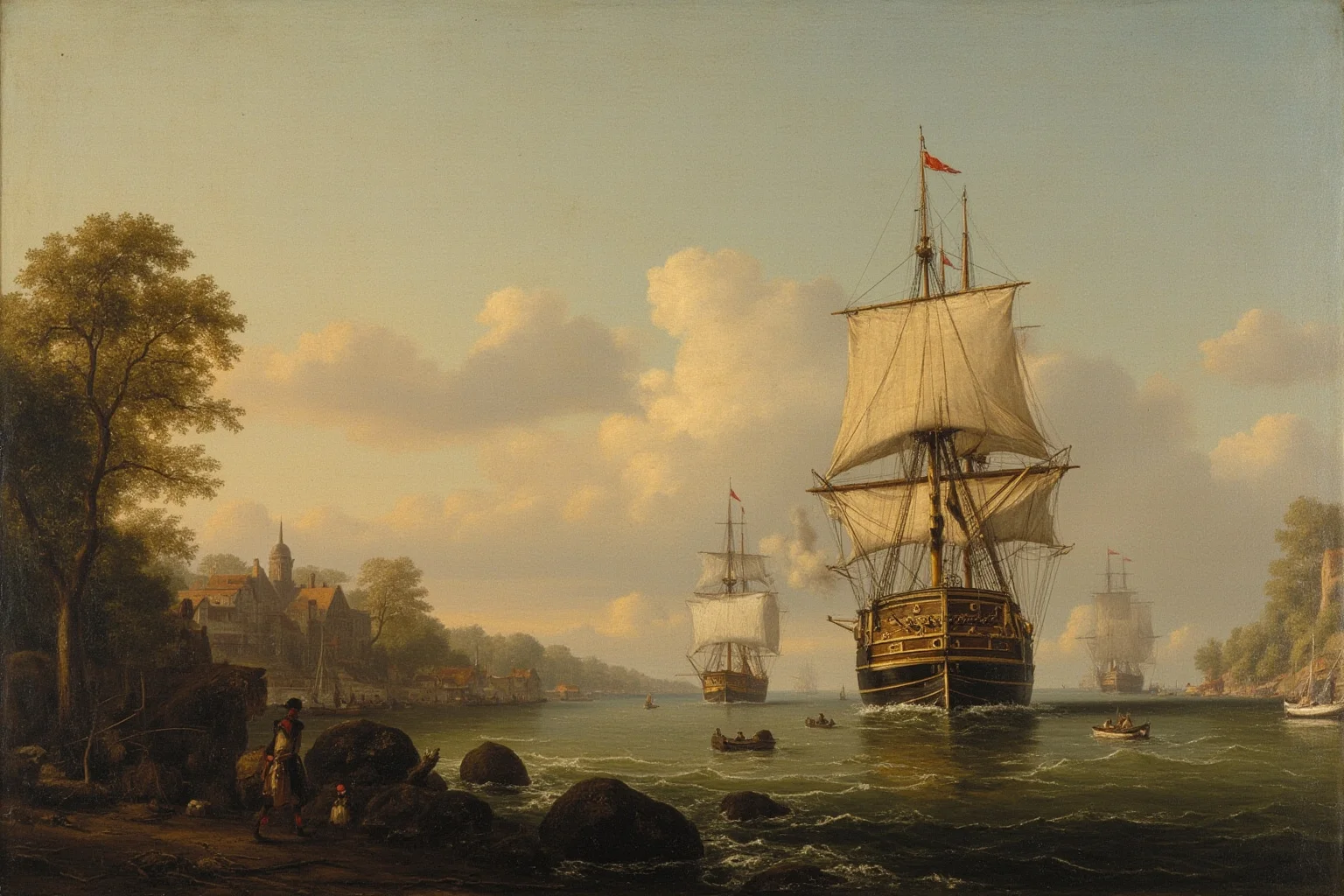 20 Deadliest Plagues That Shaped Human History 7 Colonial-era American coastal settlement with sailing ships arriving, somber historical painting style
