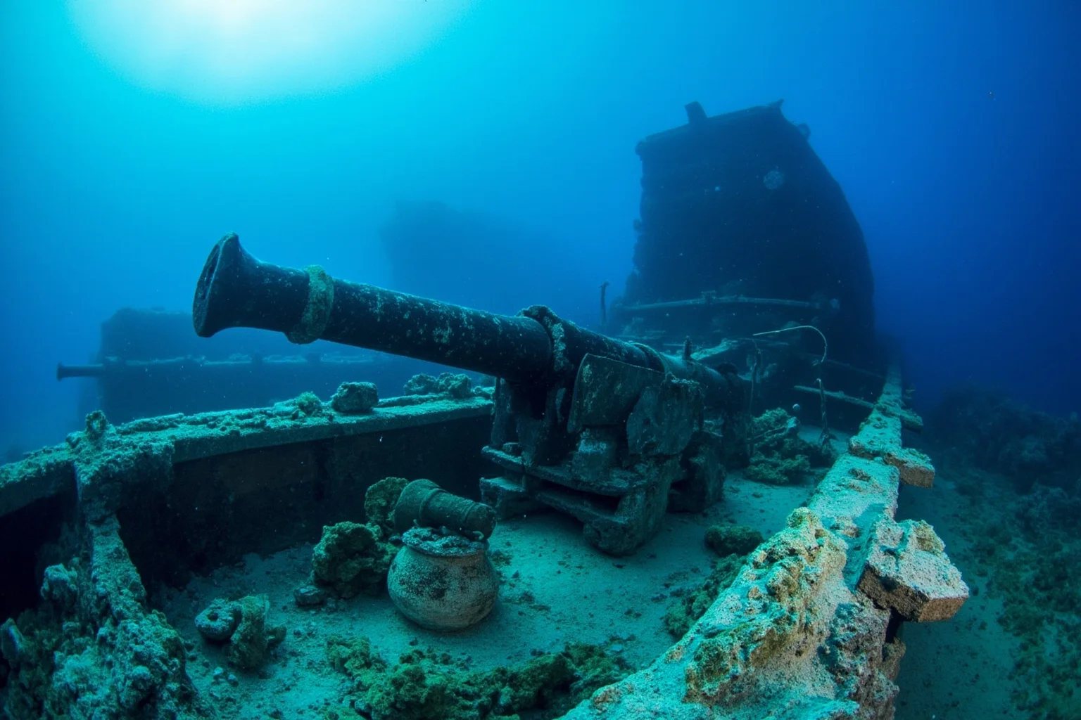 22 Coolest Underwater Discoveries Made Throughout History 16 Colonial-era galleon wreck underwater with cannons and pottery shards near a coral reef
