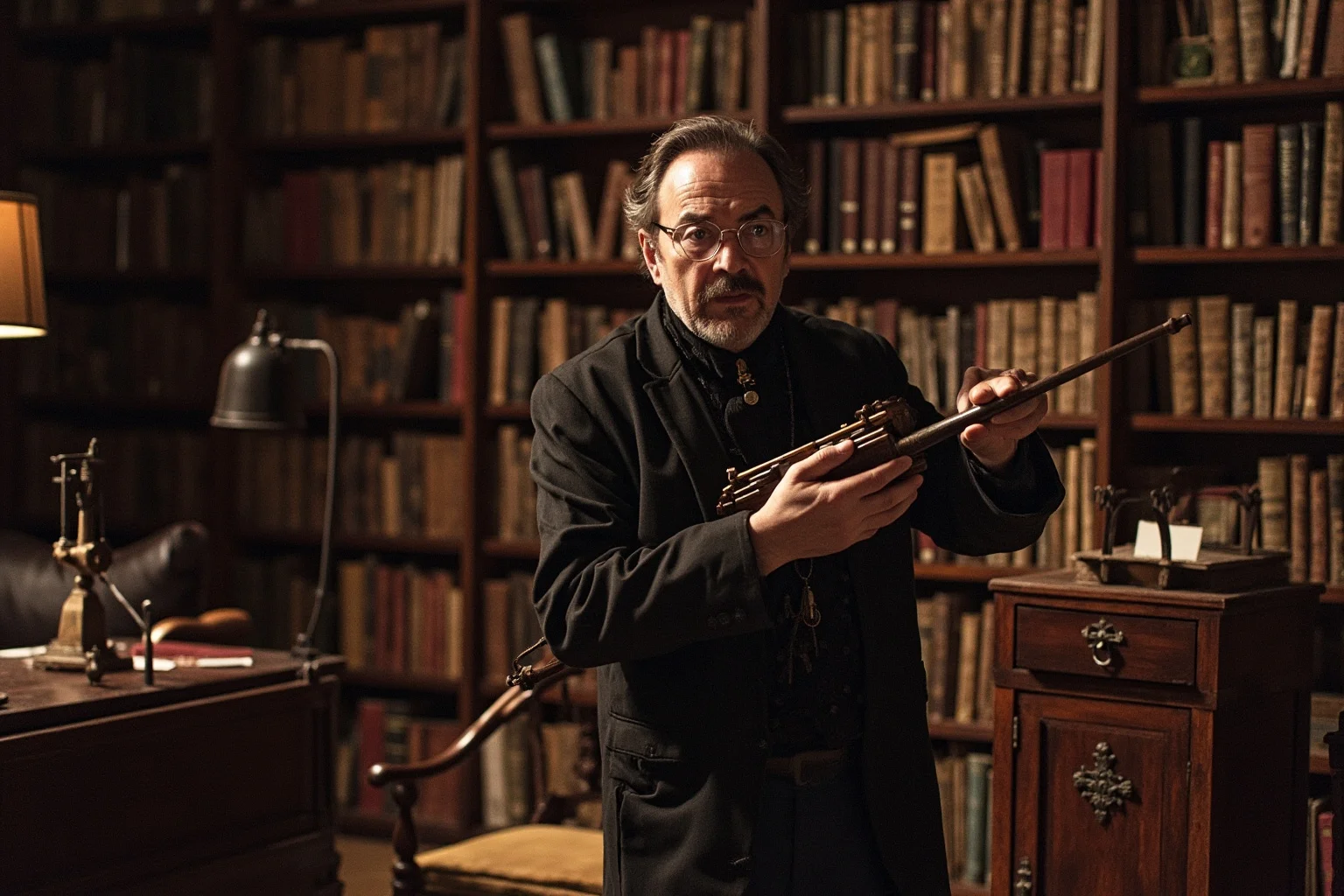 Colonial-era inventor and diplomat examining an early scientific instrument in a study filled with books