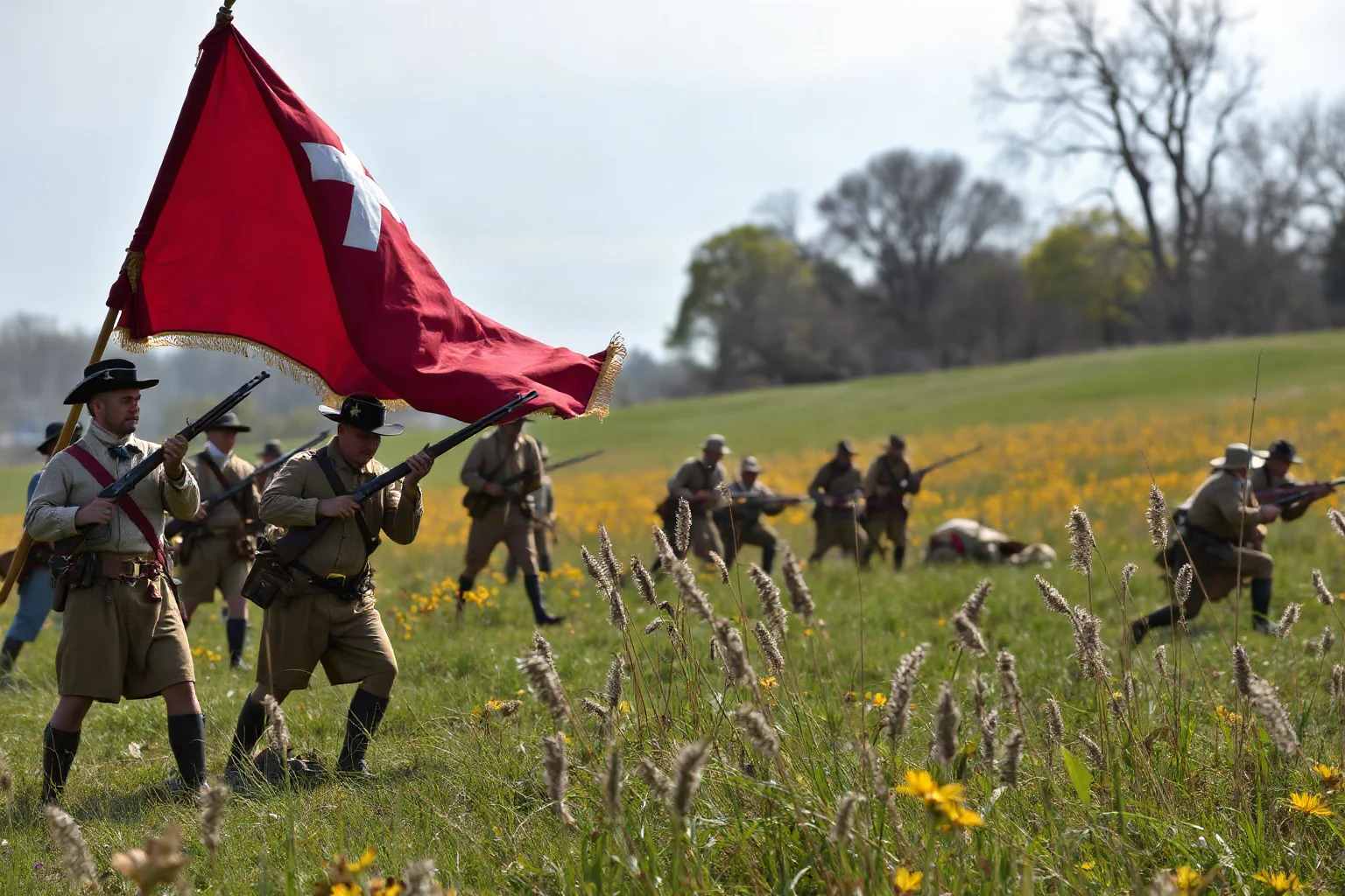 Colonial-era soldiers with muskets and a tattered flag on an 18th-century battlefield