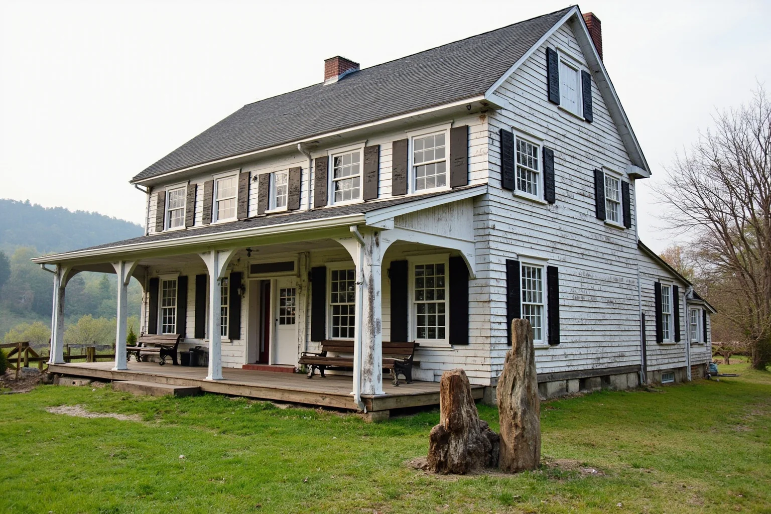 Colonial-era stagecoach inn with a wraparound porch, wooden shutters, and a hitching post out front, New England countryside