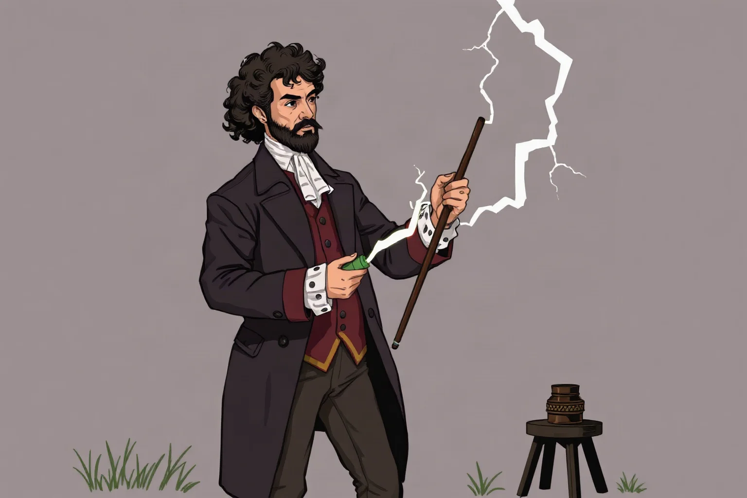Colonial-era statesman and inventor experimenting with an early lightning rod device, illustrated style
