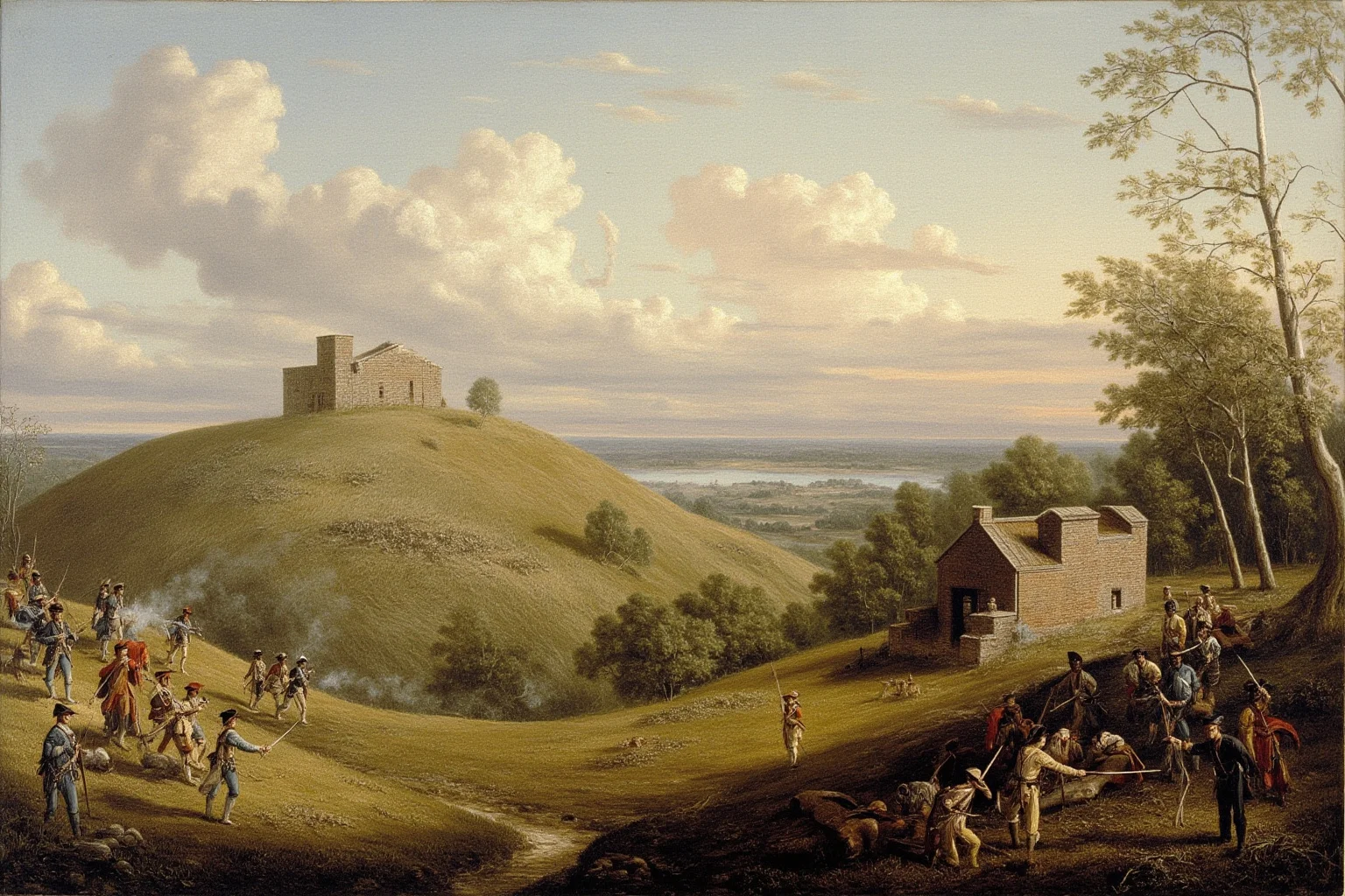 Battles That Defined American History 3 Colonial militia fortified on a hillside defending against advancing British troops near Boston, historical painting style