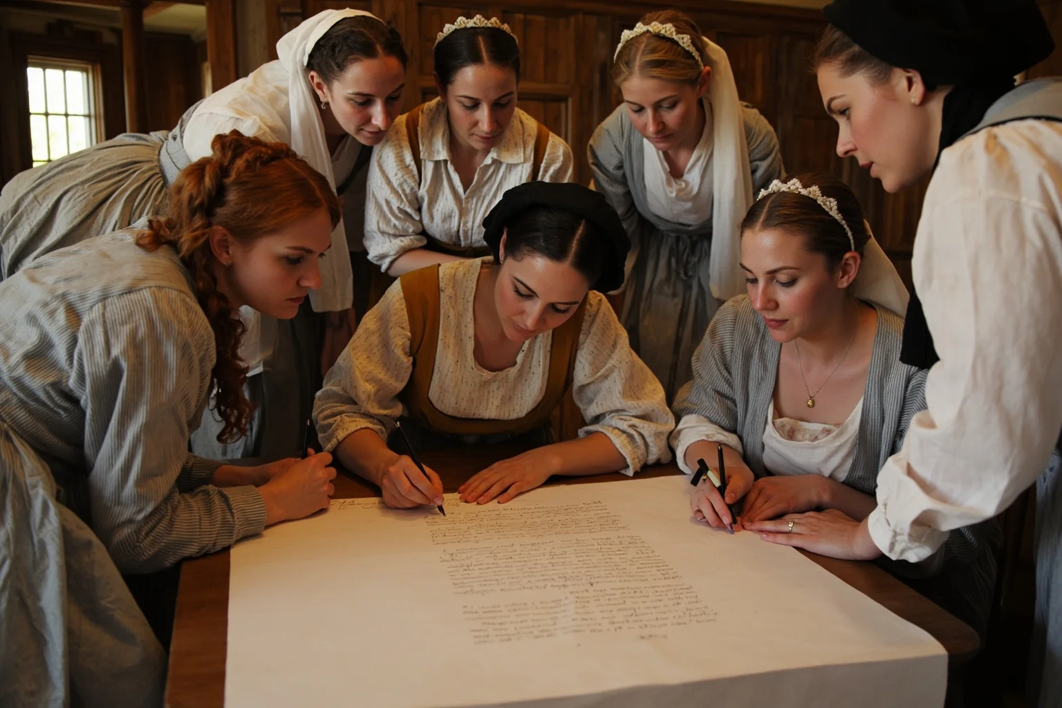 Colonial women in period dress gathered together, signing a document at a table