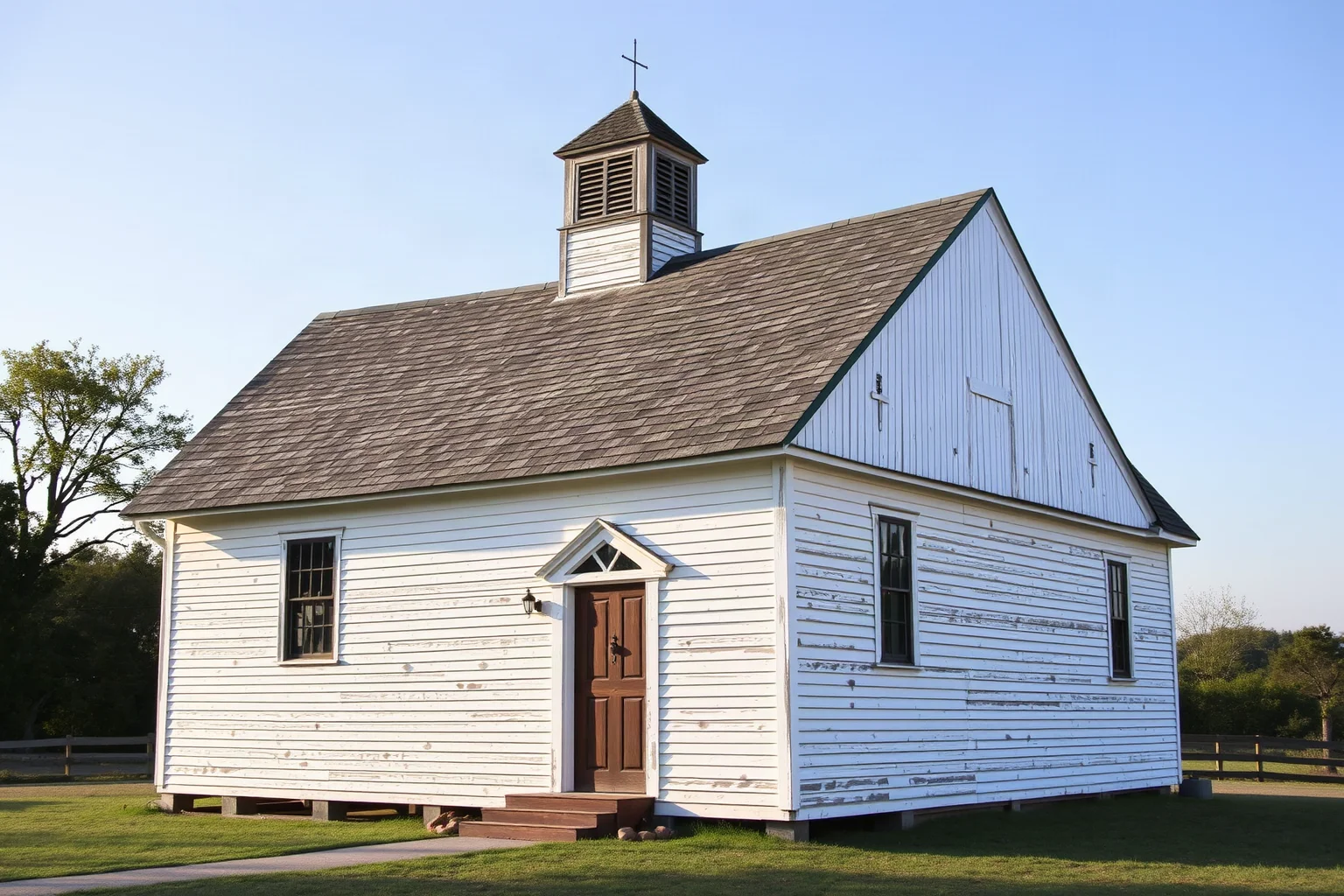 Colonial wooden meetinghouse with an inverted-ship-shaped roof structure and white clapboard exterior