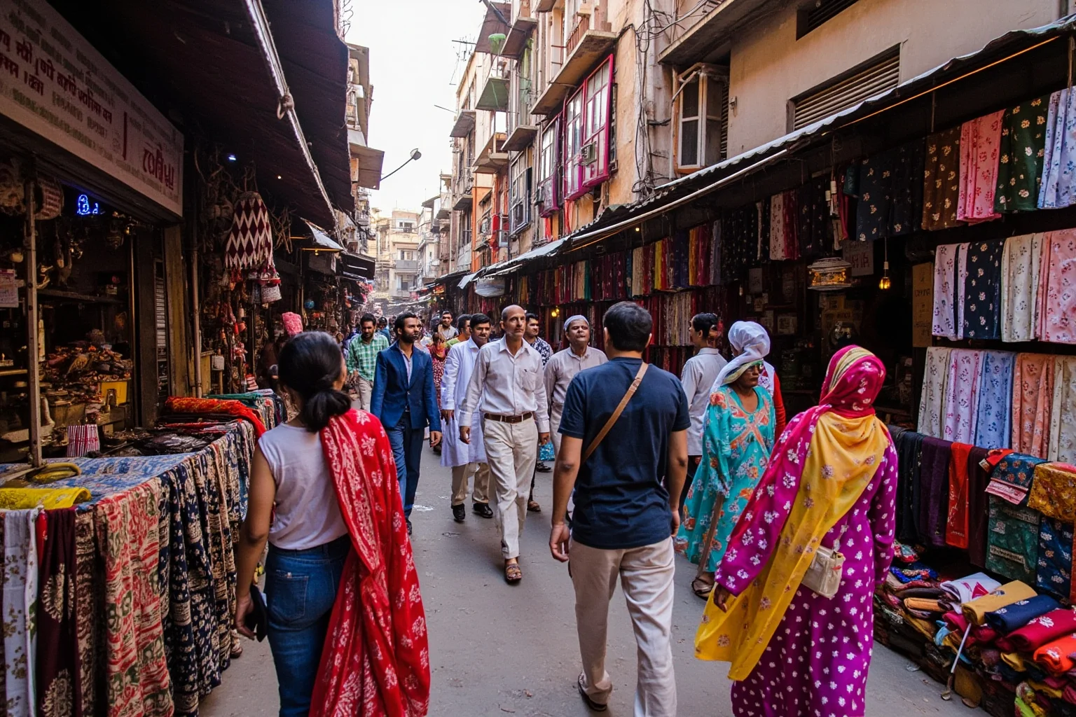 Colorful crowded street market in Old Delhi's Chandni Chowk with textile stalls and narrow lanes lined with shopfronts