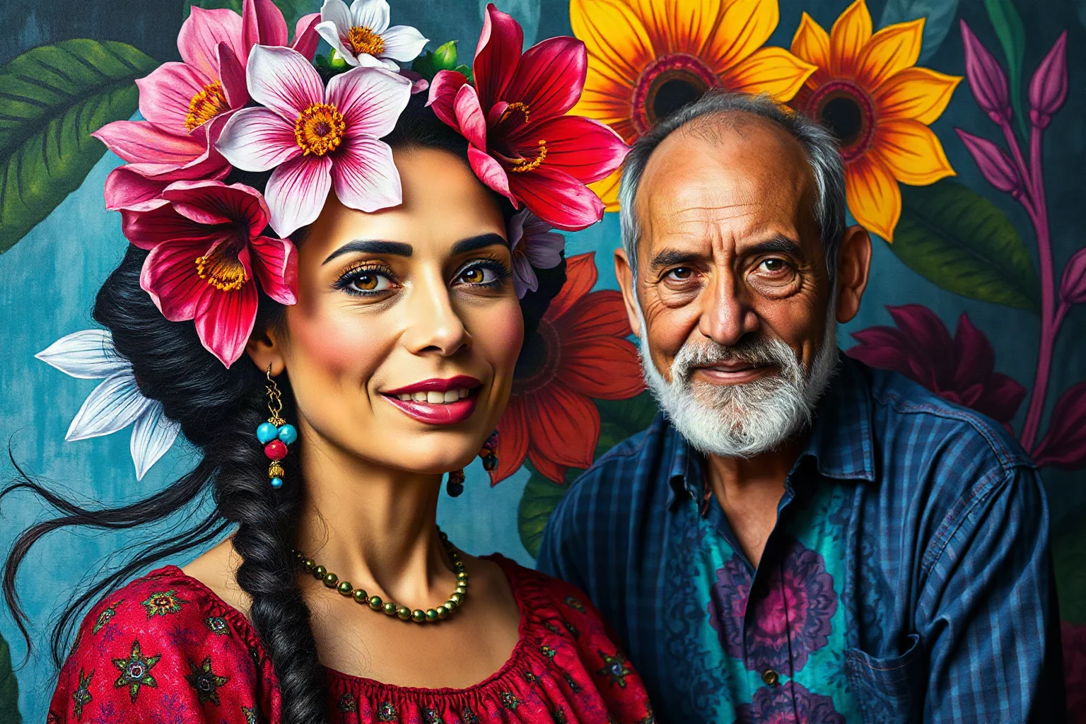 Colorful folk-art style portrait of a Mexican female painter with vivid flowers in her hair beside a muralist painter
