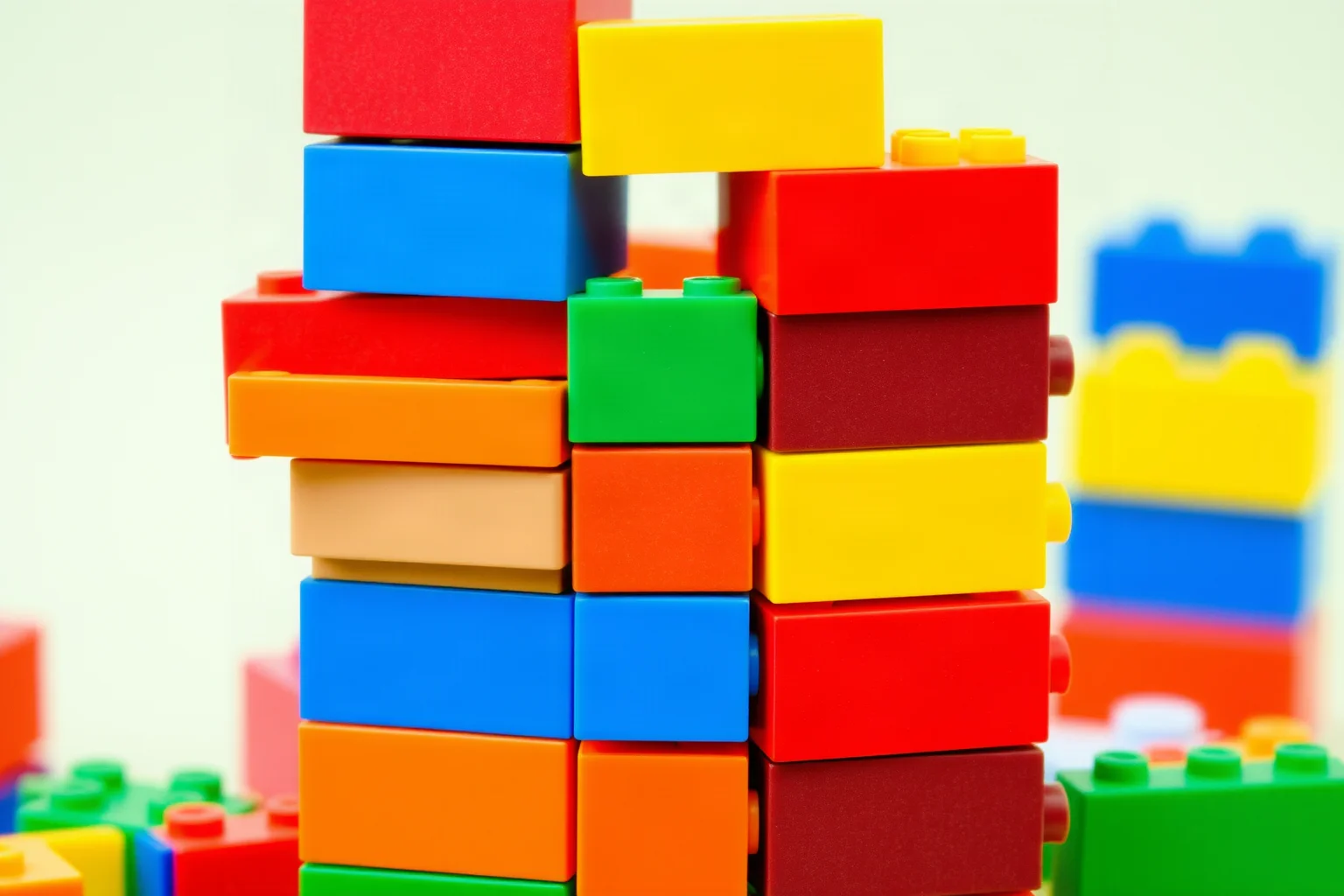 Colorful interlocking plastic toy bricks stacked into a small tower