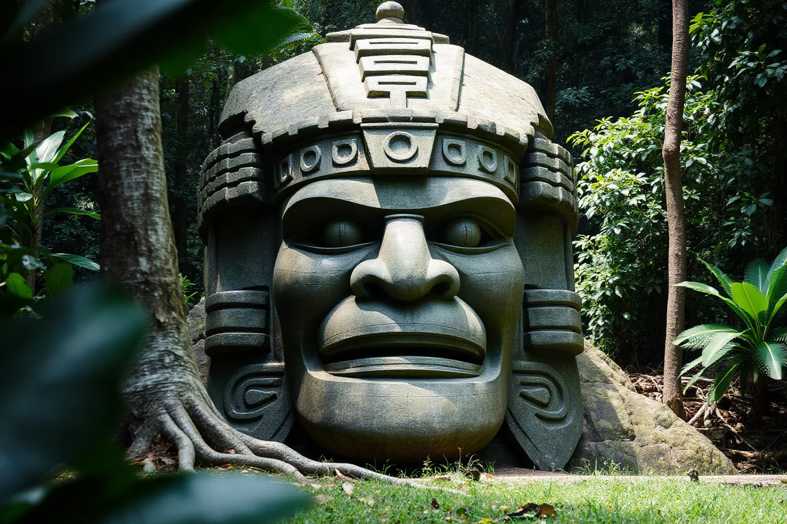 Colossal carved stone head in a jungle clearing, representing Olmec civilization