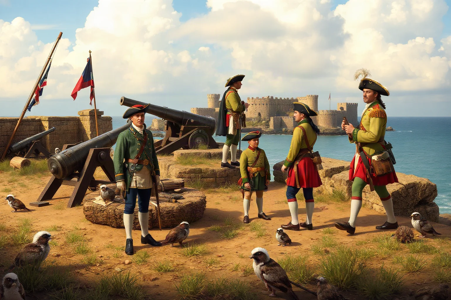 Combined American and French forces with cannons and siege equipment surrounding British fortifications at coastal position, 1780s uniforms