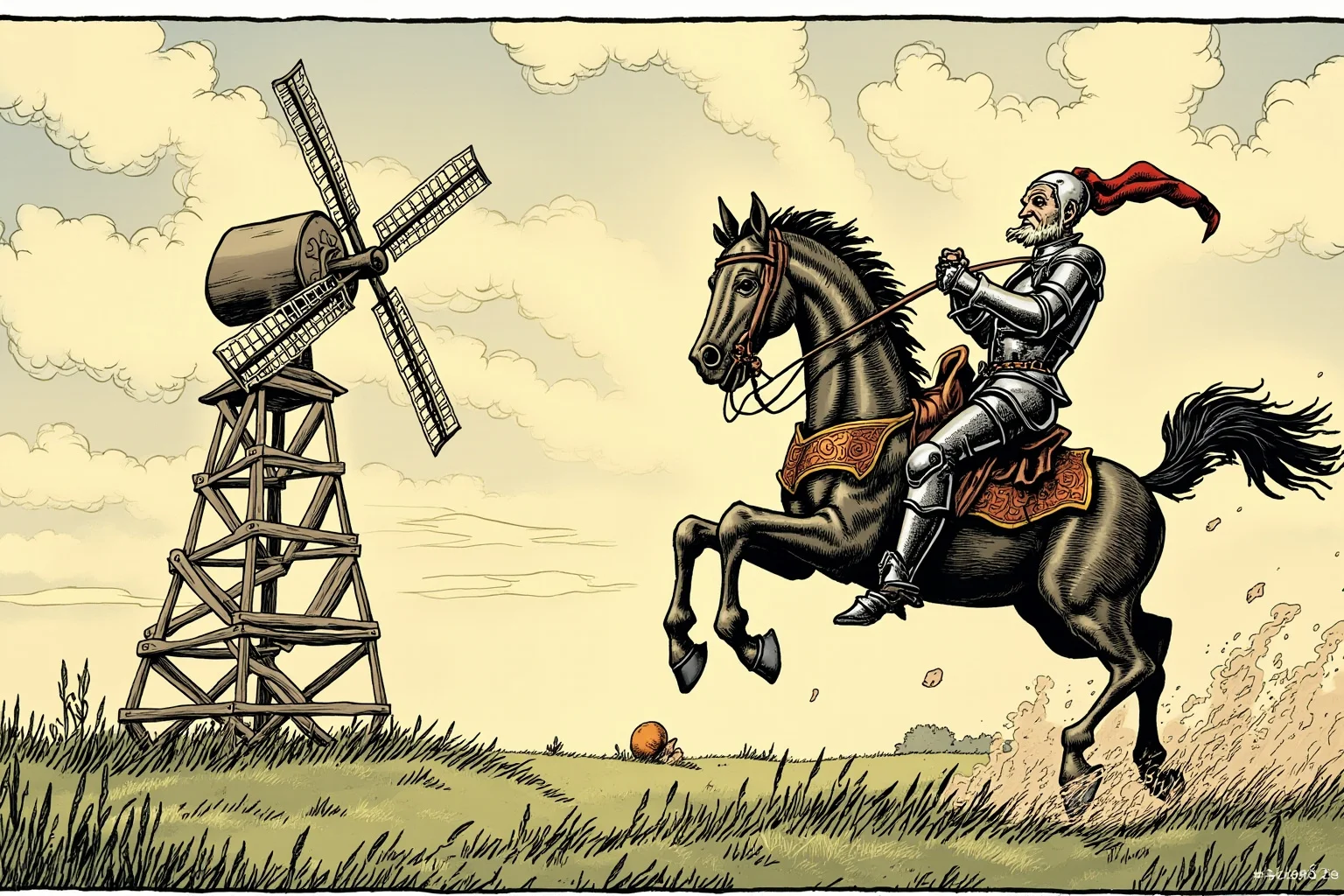 22 Most Notorious Knights From History: Heroes, Villains, and Legends 22 Comic illustration of a thin, elderly knight in dented armor charging at a windmill on a skinny horse