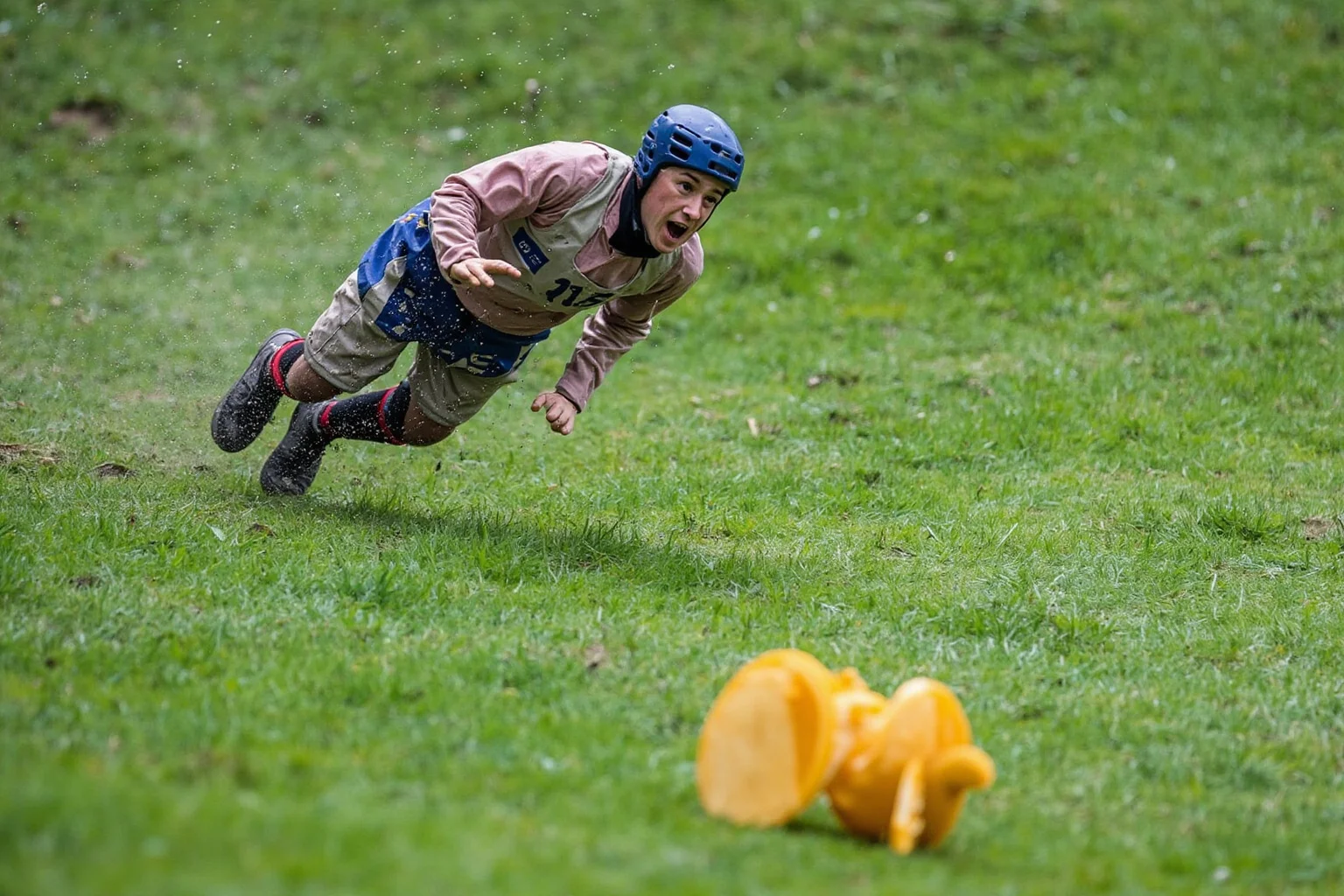Competitors tumbling down a steep green hill chasing a rolling wheel of cheese