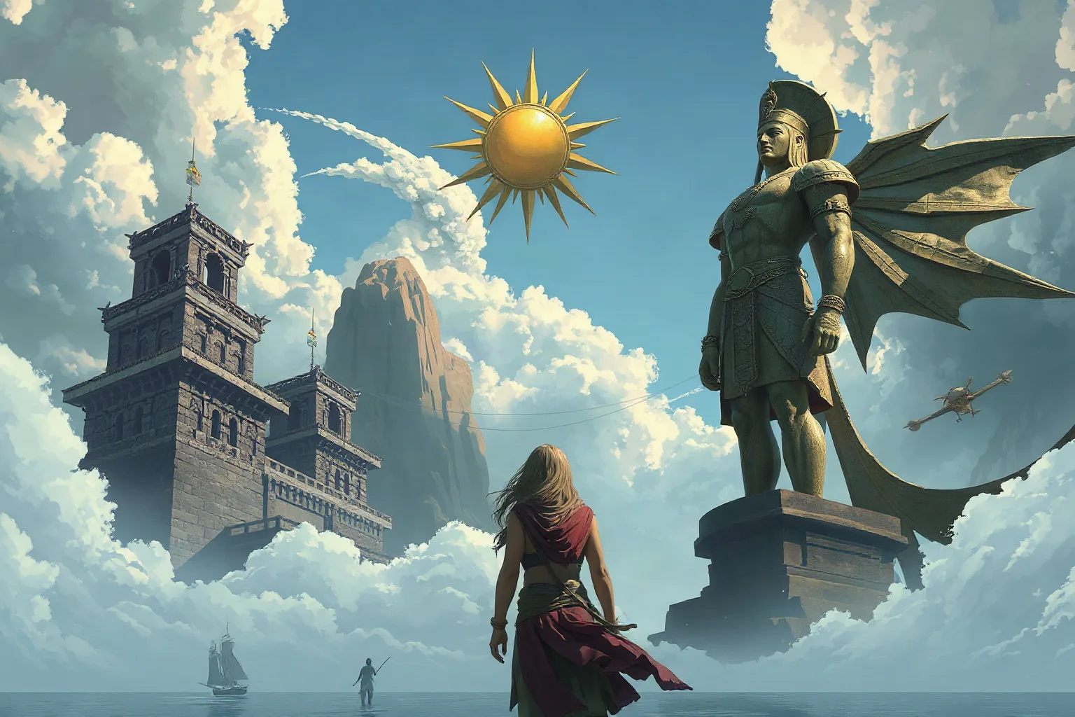 Conceptual illustration of a giant bronze statue of a sun god towering near an ancient harbor